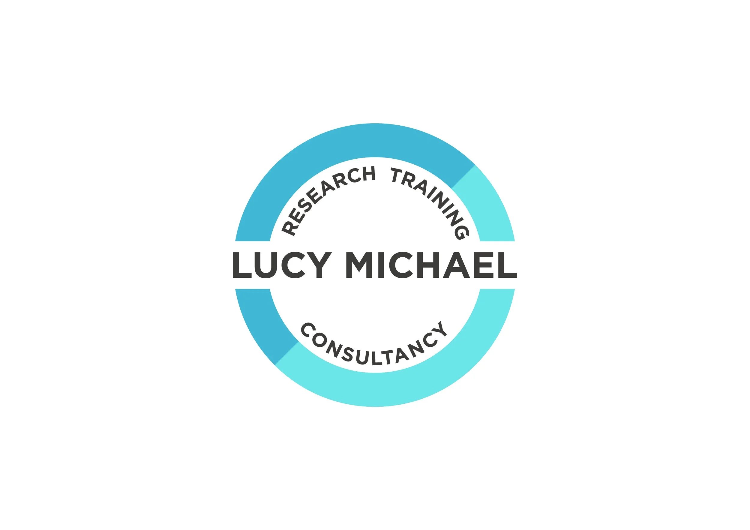 Circular logo with blue and light blue segments, featuring the text 'Lucy Michael' in bold black letters in the center, surrounded by words 'Research,' 'Training,' and 'Consultancy'.