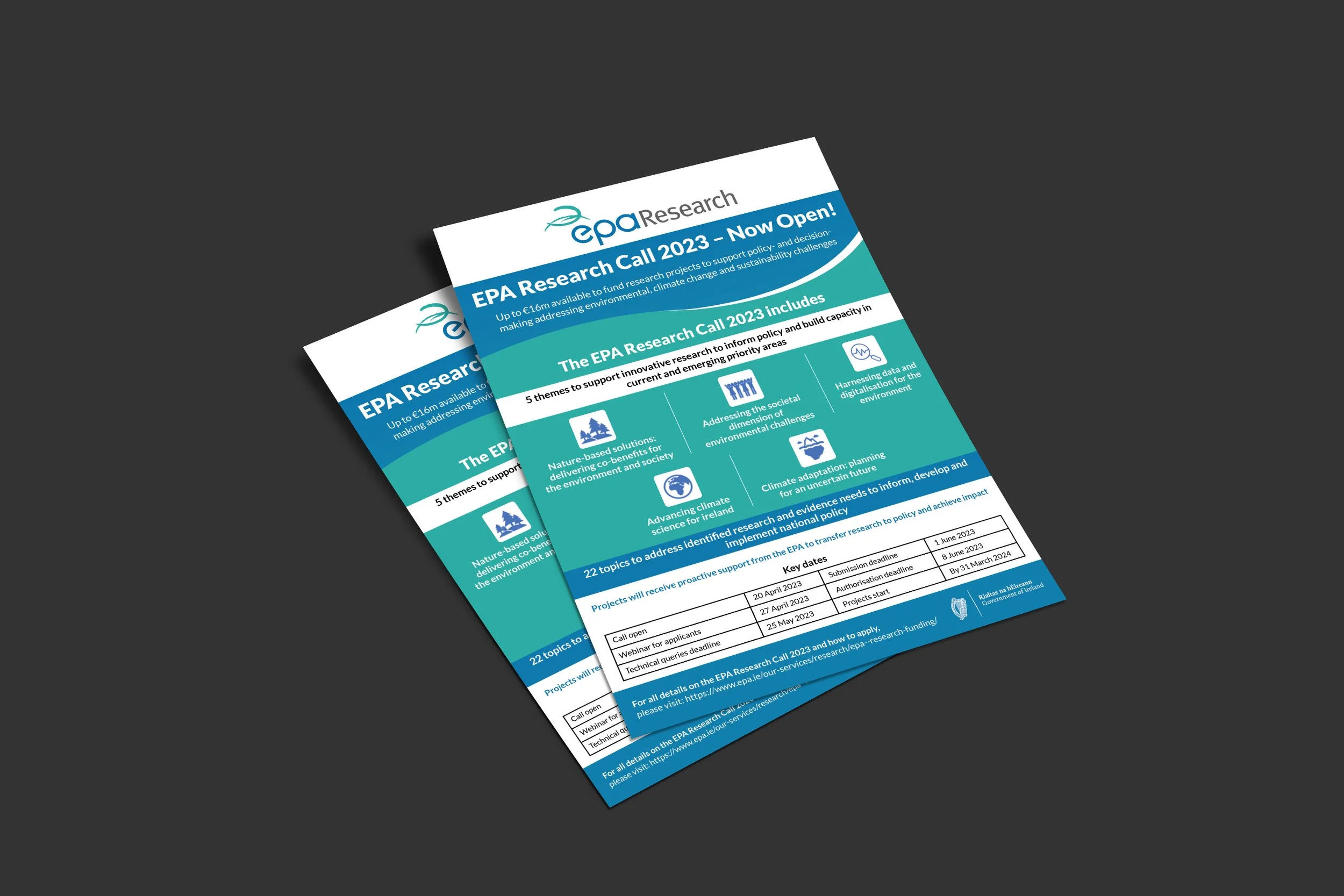 Flyer for EPA Research Call 2023, featuring a blue and teal colour scheme, with details about the research themes, project deadlines, and application process.