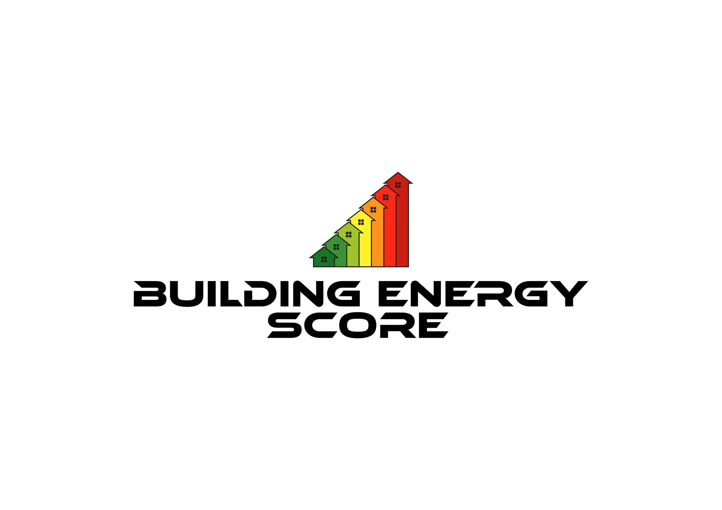 Colorful bar chart of houses increasing from green to red with the text 'Building Energy Score' below.