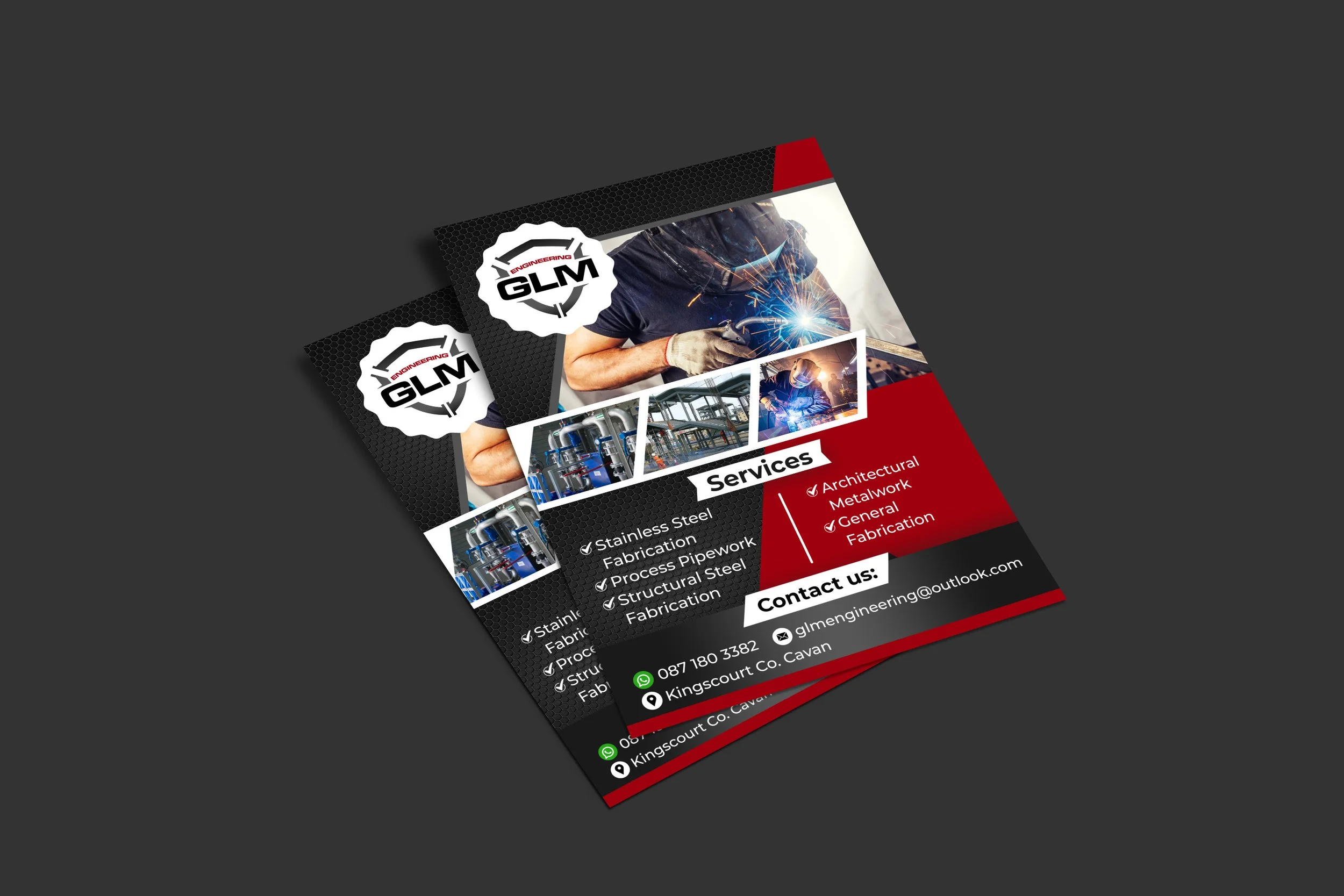 A flyer for GLM Engineering showcasing services like stainless steel fabrication, process pipework, structural steel fabrication, architectural, metalwork, and general fabrication. The flyer includes images of a worker welding, industrial piping, and