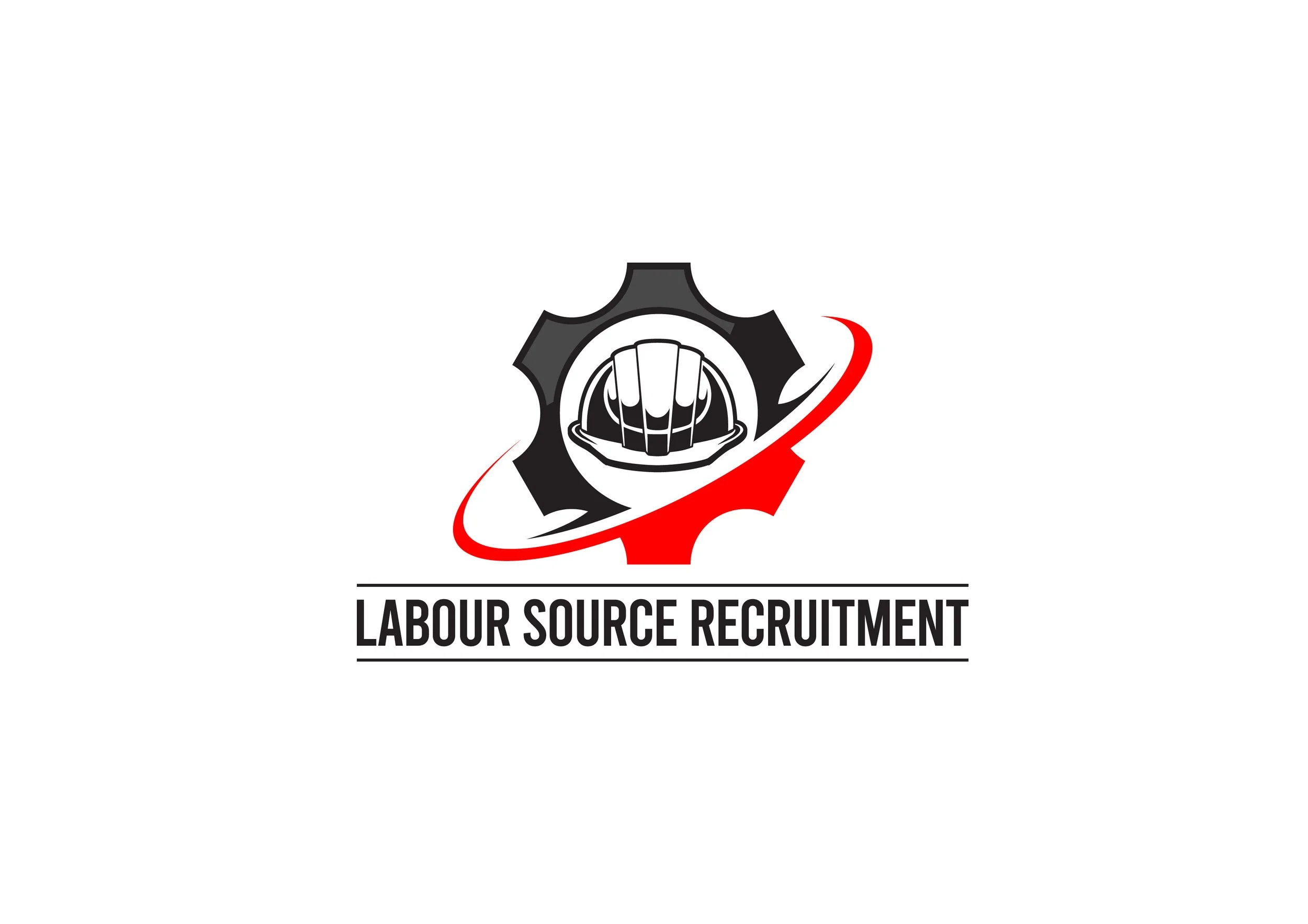 Labour Source Recruitment logo featuring a construction helmet inside a gear with orbiting swoosh and text underneath.