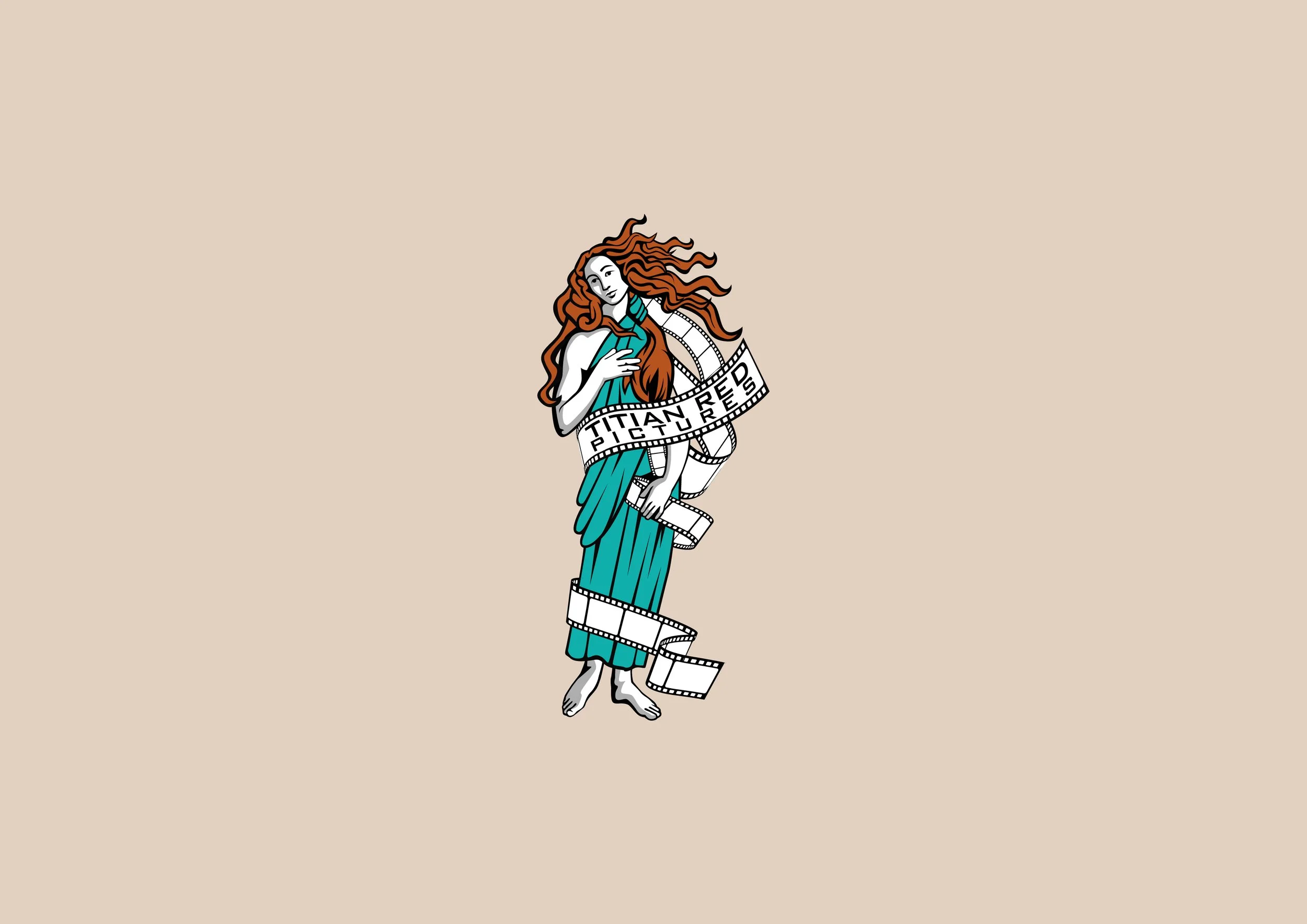 Illustration of a woman with long, wavy red hair, dressed in a blue gown, holding her chest and standing on one foot, with a film reel around her, marked 'Titan Reg Pictures'.