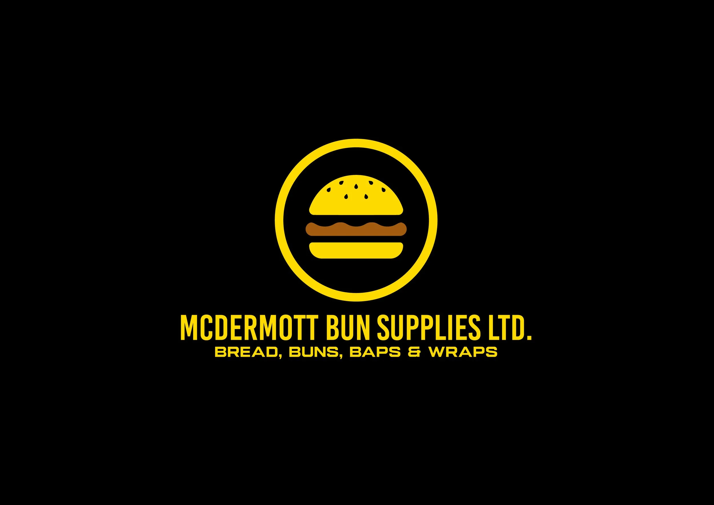 Logo for McDermott Bun Supplies Ltd. featuring a stylized hamburger with a bun, patty, and sesame seeds, and below it, the text 'McDermott Bun Supplies Ltd. Bread, Buns, Baps & Wraps' in yellow on a black background.