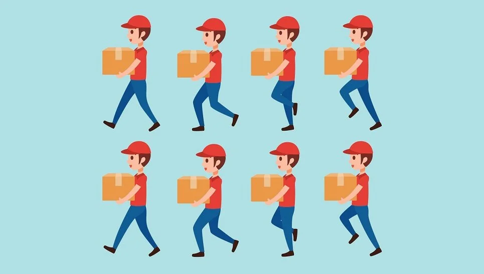 Illustration of eight delivery person characters carrying boxes, arranged in two rows with four characters each, wearing red caps and red shirts, against a light blue background.