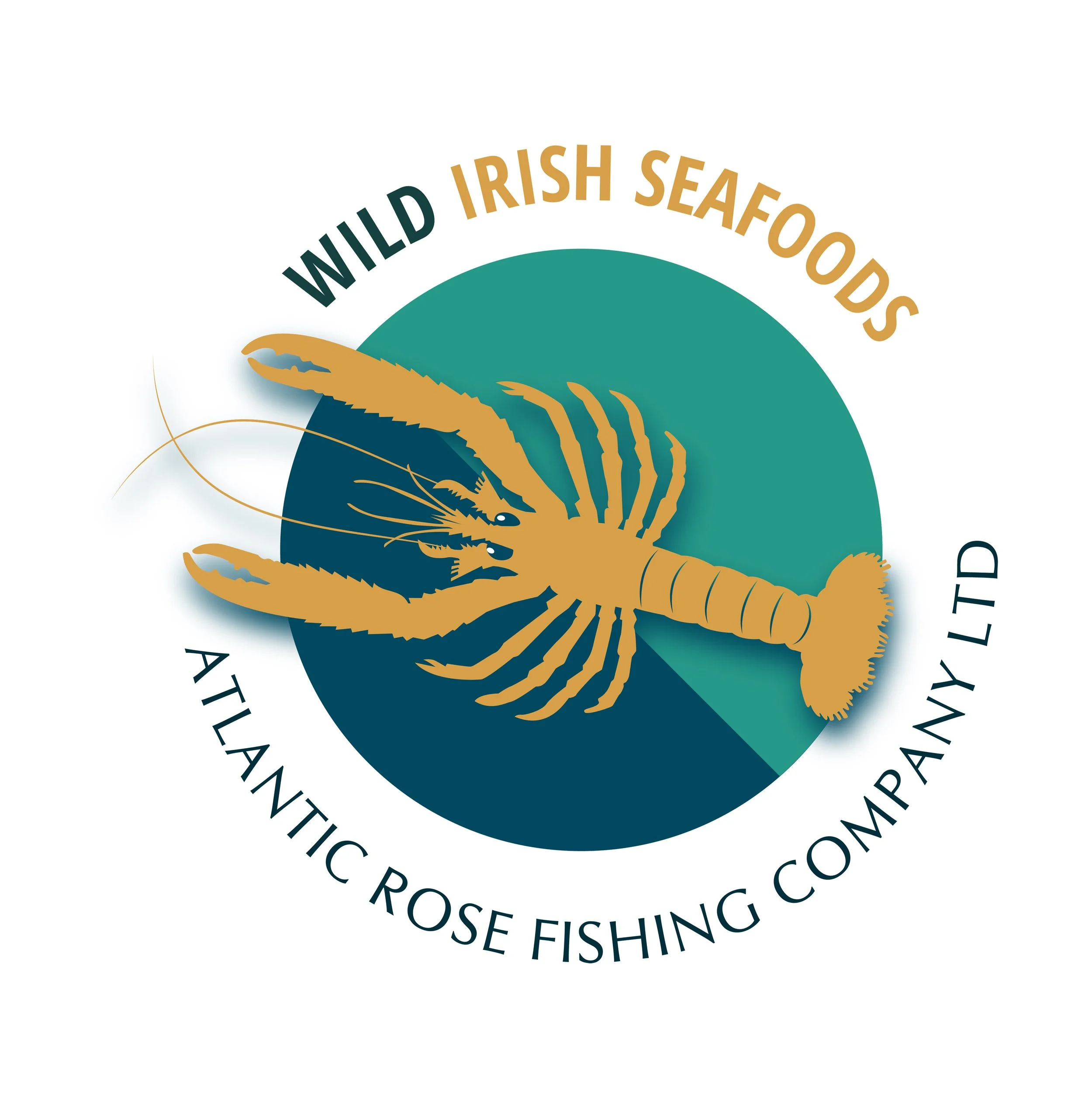 Logo of Wild Irish Seafood, featuring a stylized illustration of a lobster, with text around it that says 'Wild Irish Seafood' and 'Atlantic Rose Fishing Company Ltd'.