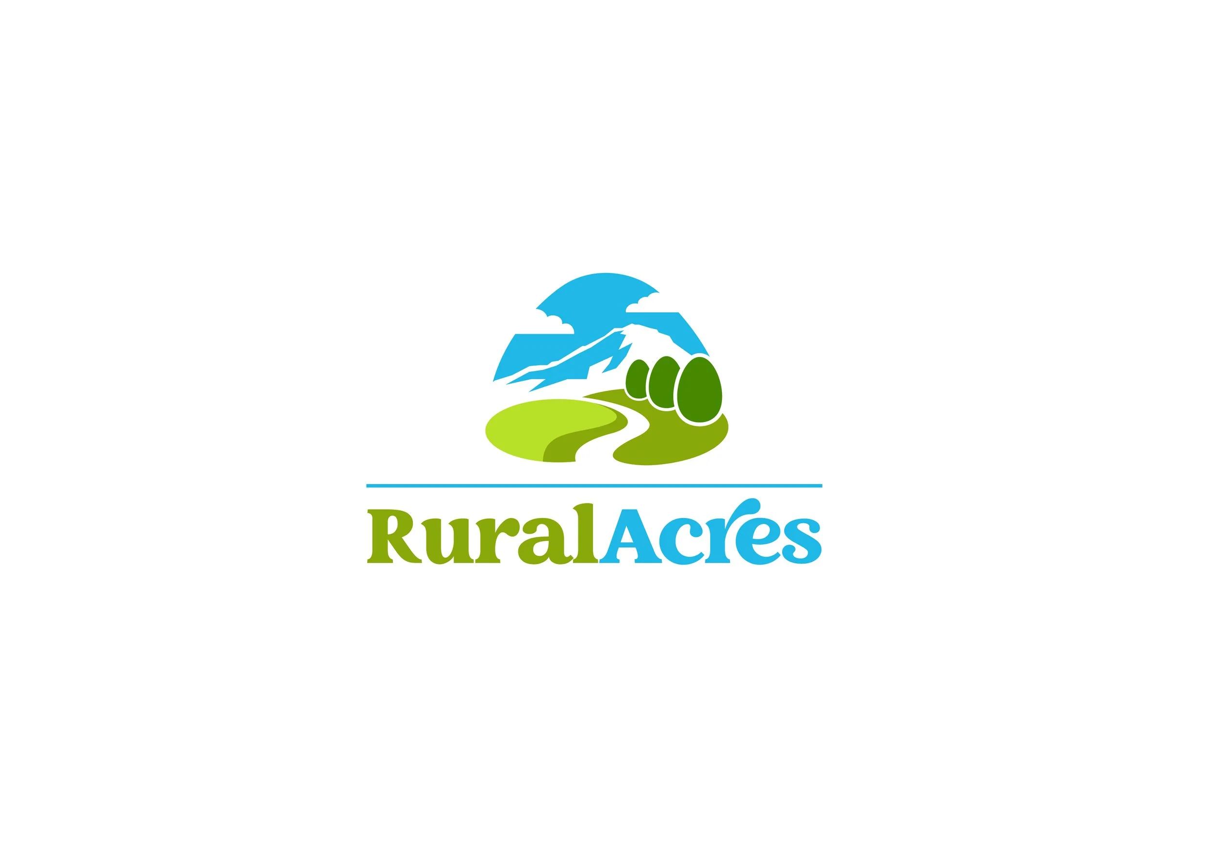 Logo of Rural Acres featuring a mountain landscape with green fields, trees, and a winding road.