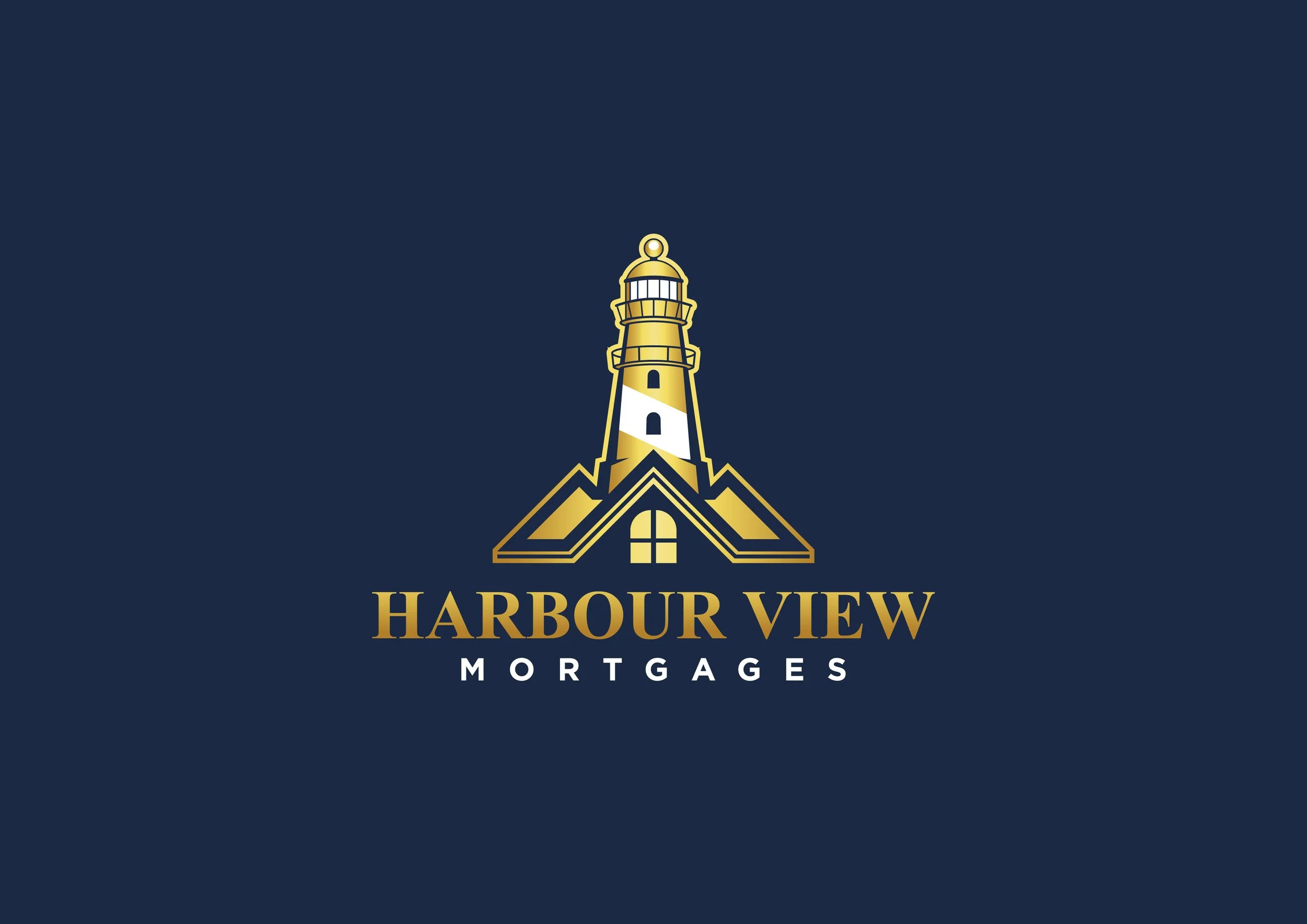 Logo for Harbour View Mortgages featuring a gold lighthouse with a house roof at the base, set against a navy blue background, with the words 'Harbour View' in gold and 'Mortgages' in white.