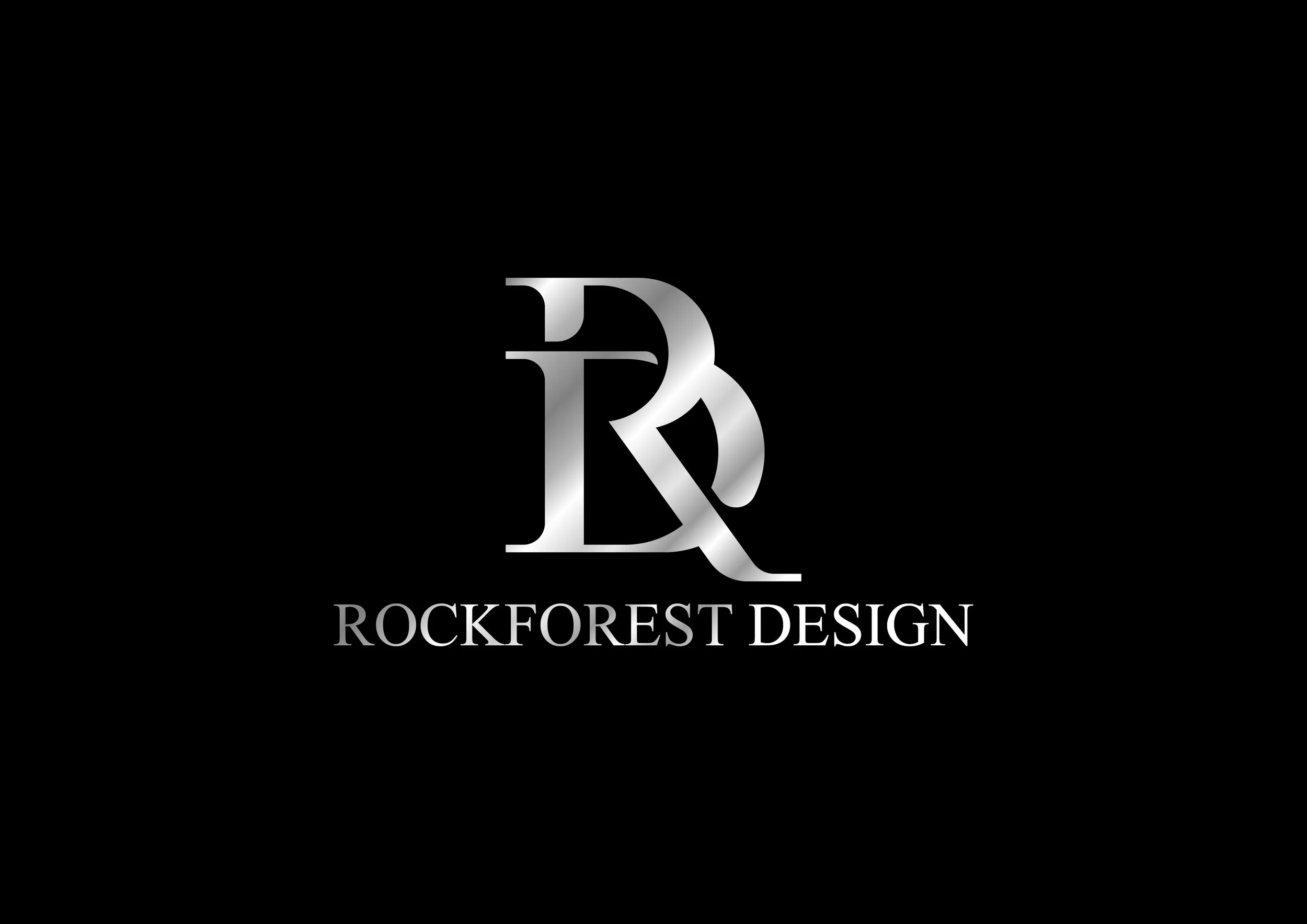 A black background with a metallic silver logo featuring the initials 'R' and 'D' intertwined. Below the logo, the text 'ROCKFOREST DESIGN' is written in gray capital letters.