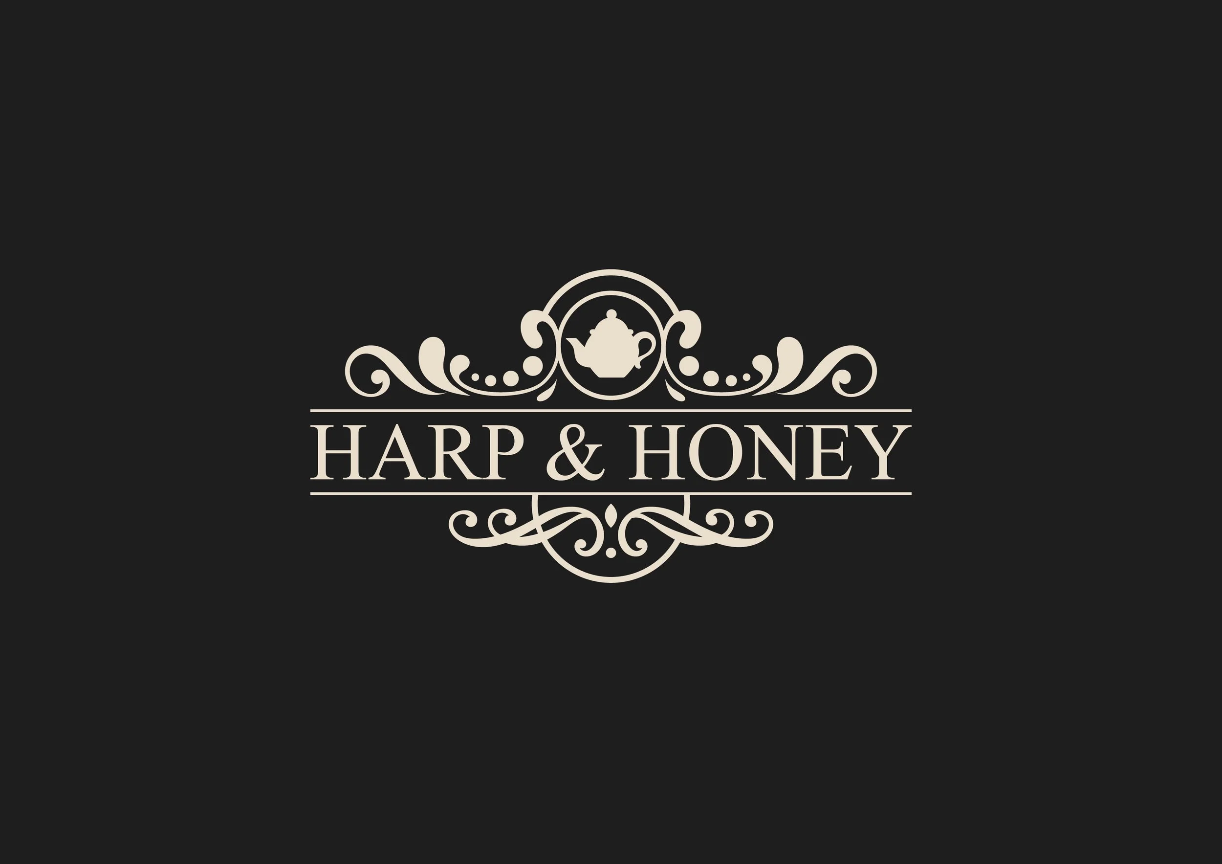 Logo for Harp & Honey featuring a teapot with decorative flourishes on a black background.