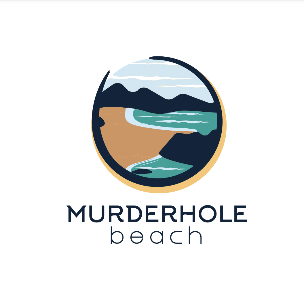 A circular logo depicting a beach with mountains in the background, ocean waves, and sandy shore, with the text "Murderhole Beach" below.