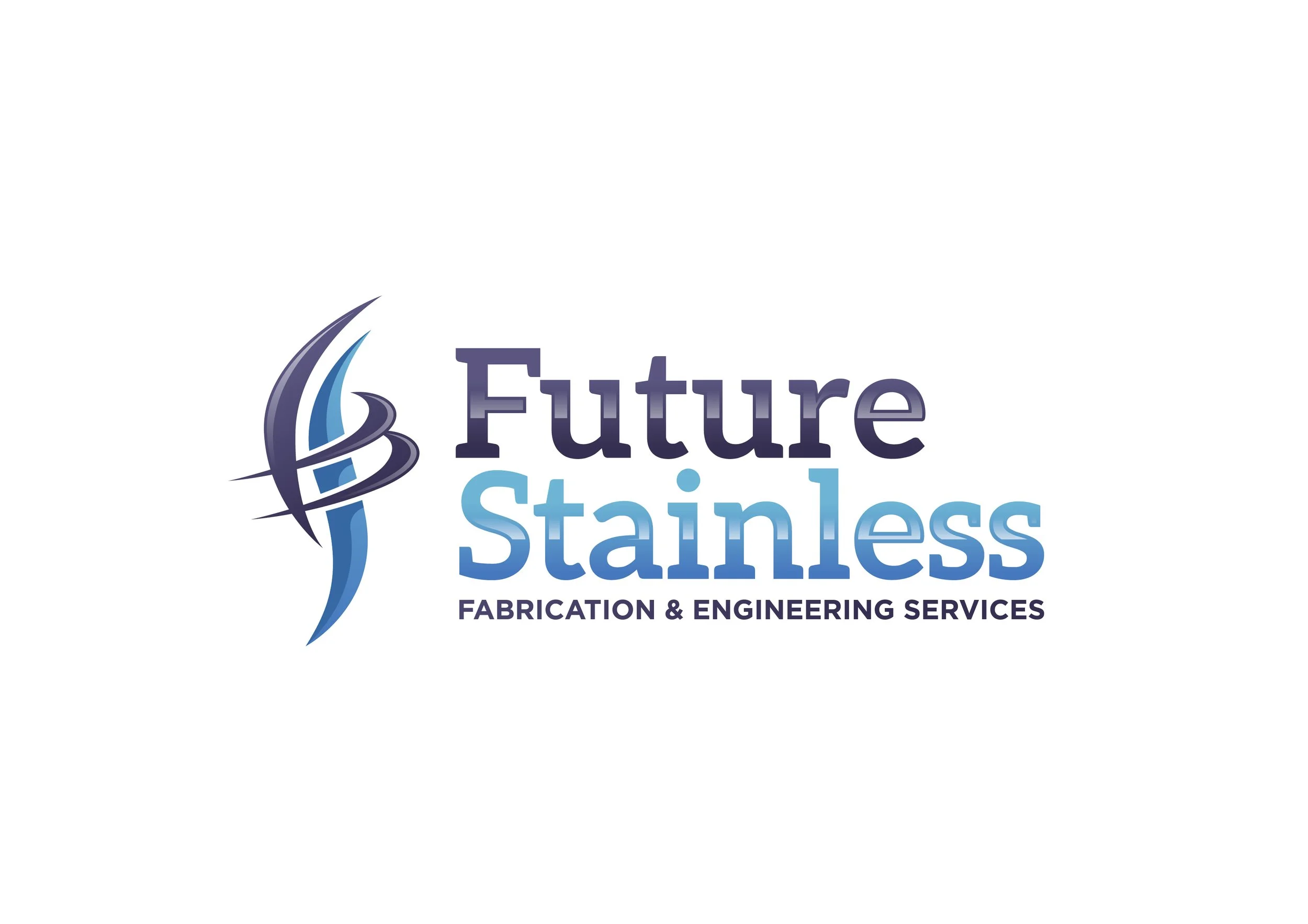 Logo for Future Stainless, featuring stylized abstract metalwork in dark and light blue, with the company name and slogan 'Fabrication & Engineering Services'.