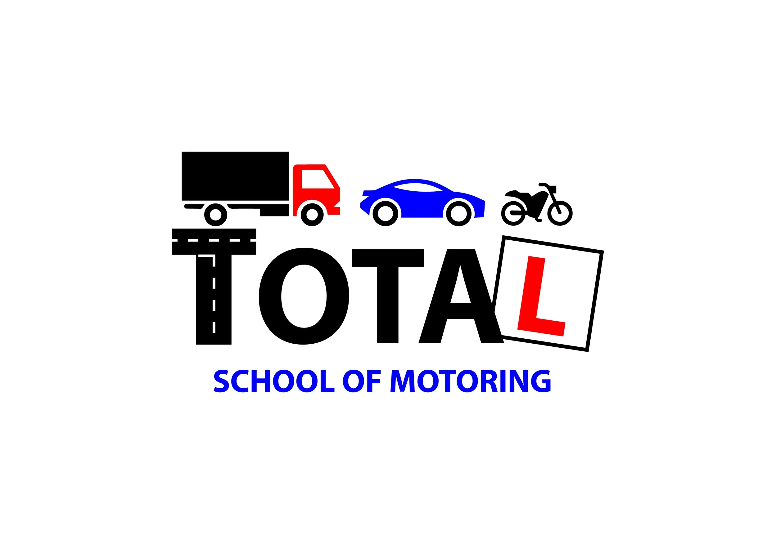 Logo for Total School of Motoring featuring icons of a truck, car, and motorcycle above the text 'TOTAL' with a red 'L' in a tilted box, and 'School of Motoring' in blue text underneath.