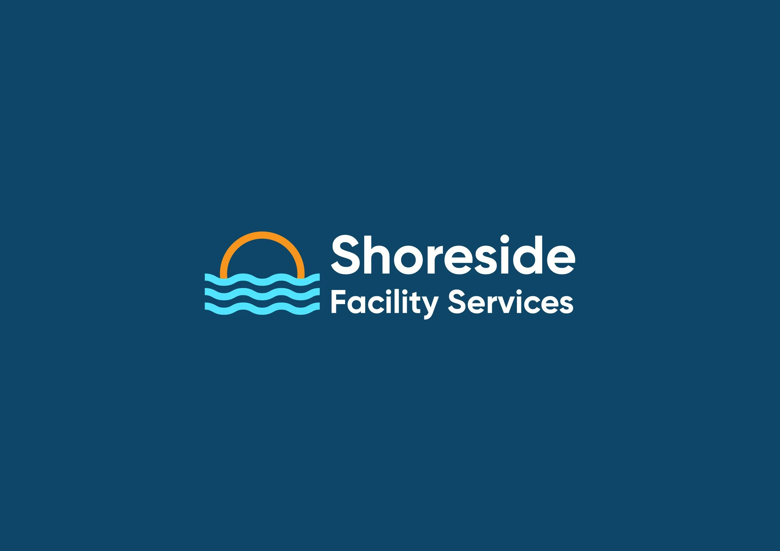 Logo for Shoreside Facility Services featuring a sun over water with waves and the company name.