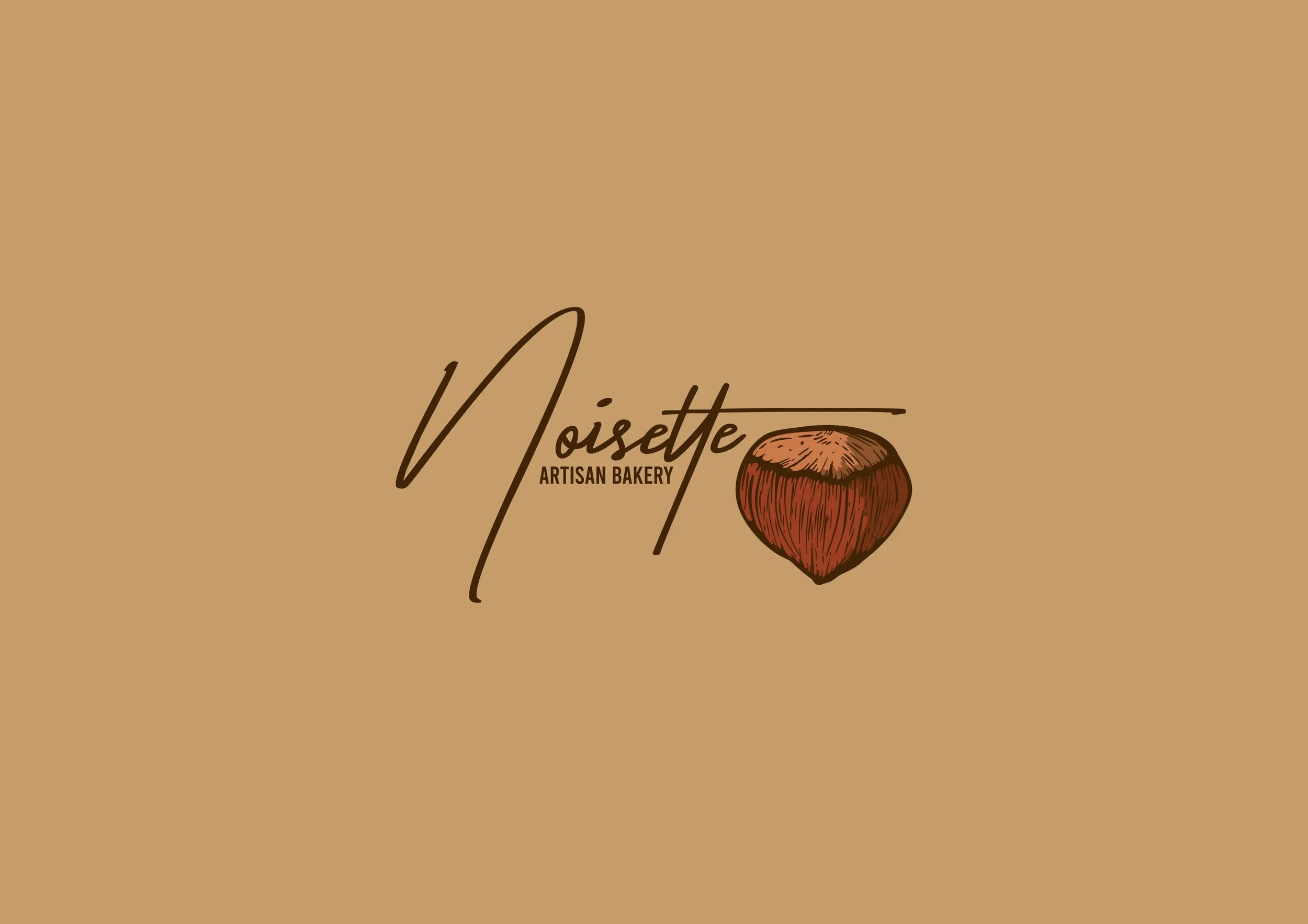 Logo for Noisette Artisan Bakery featuring a stylized handwritten font and a drawing of a hazelnut on a beige background.