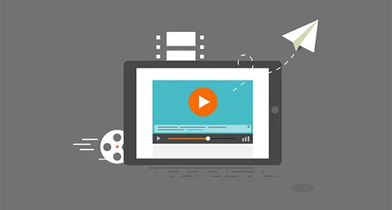 A digital tablet showing a video player interface with a play button, with film reel, film strip, a paper airplane, and a video camera icon around it on a gray background.