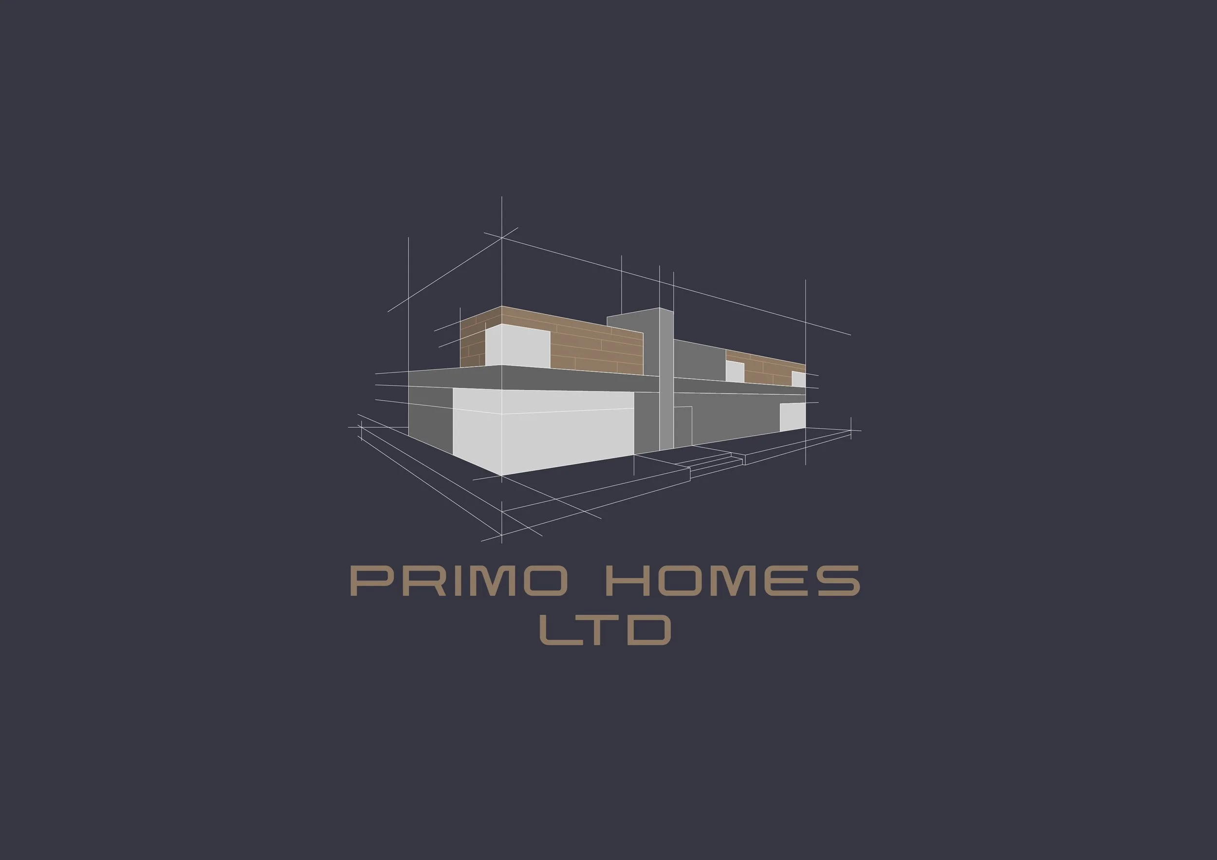 Architectural drawing of a modern house with the text 'Primo Homes Ltd' beneath it, set against a dark background.