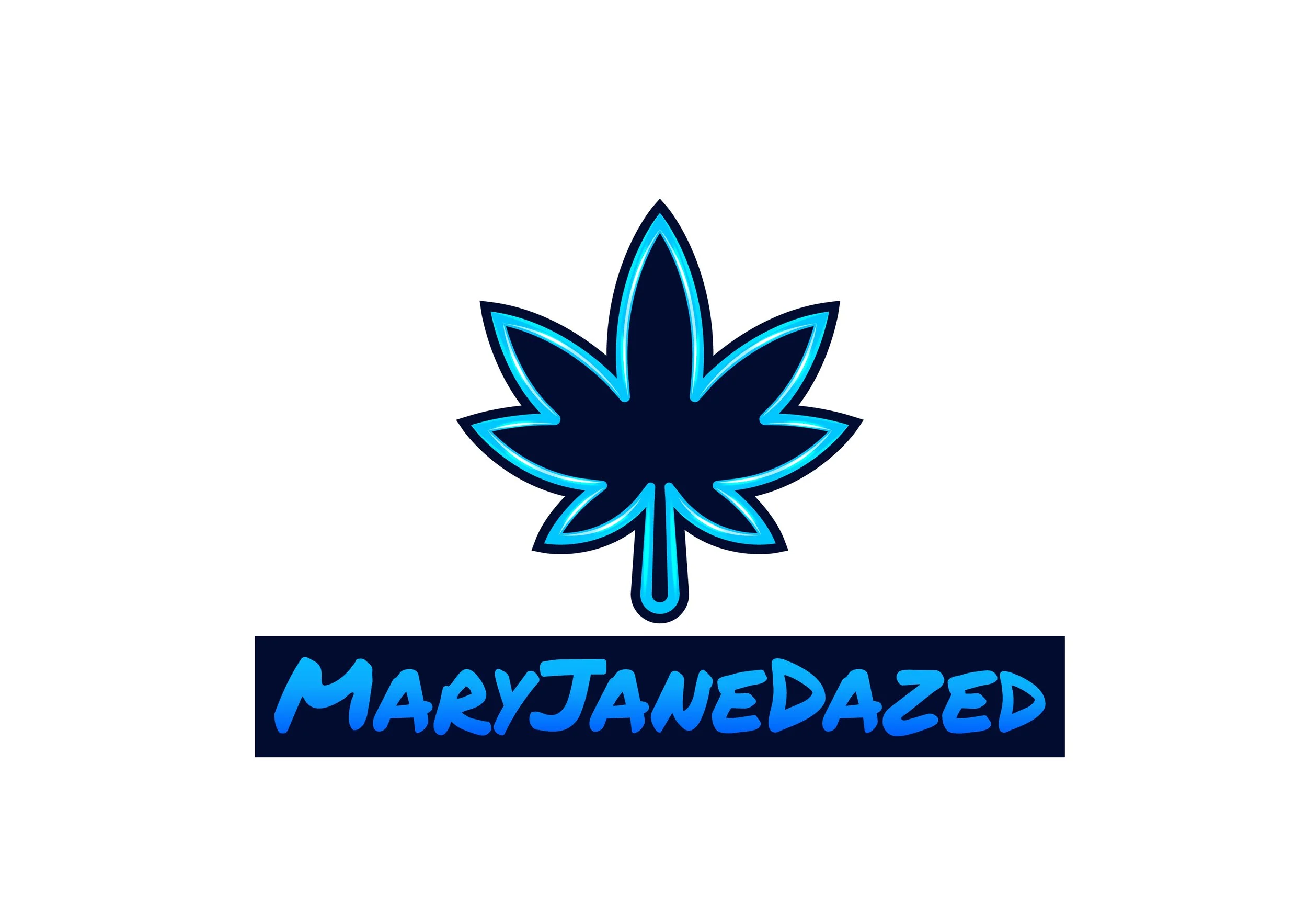 Neon sign featuring a stylized cannabis leaf and the word 'MARYJANE DAZED' in blue lettering.
