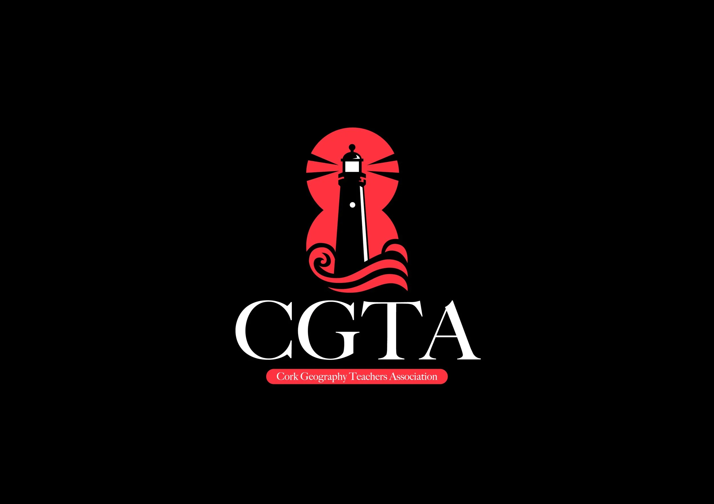 Logo of Cork Geography Teachers Association featuring a lighthouse, waves, and red sun with black background.