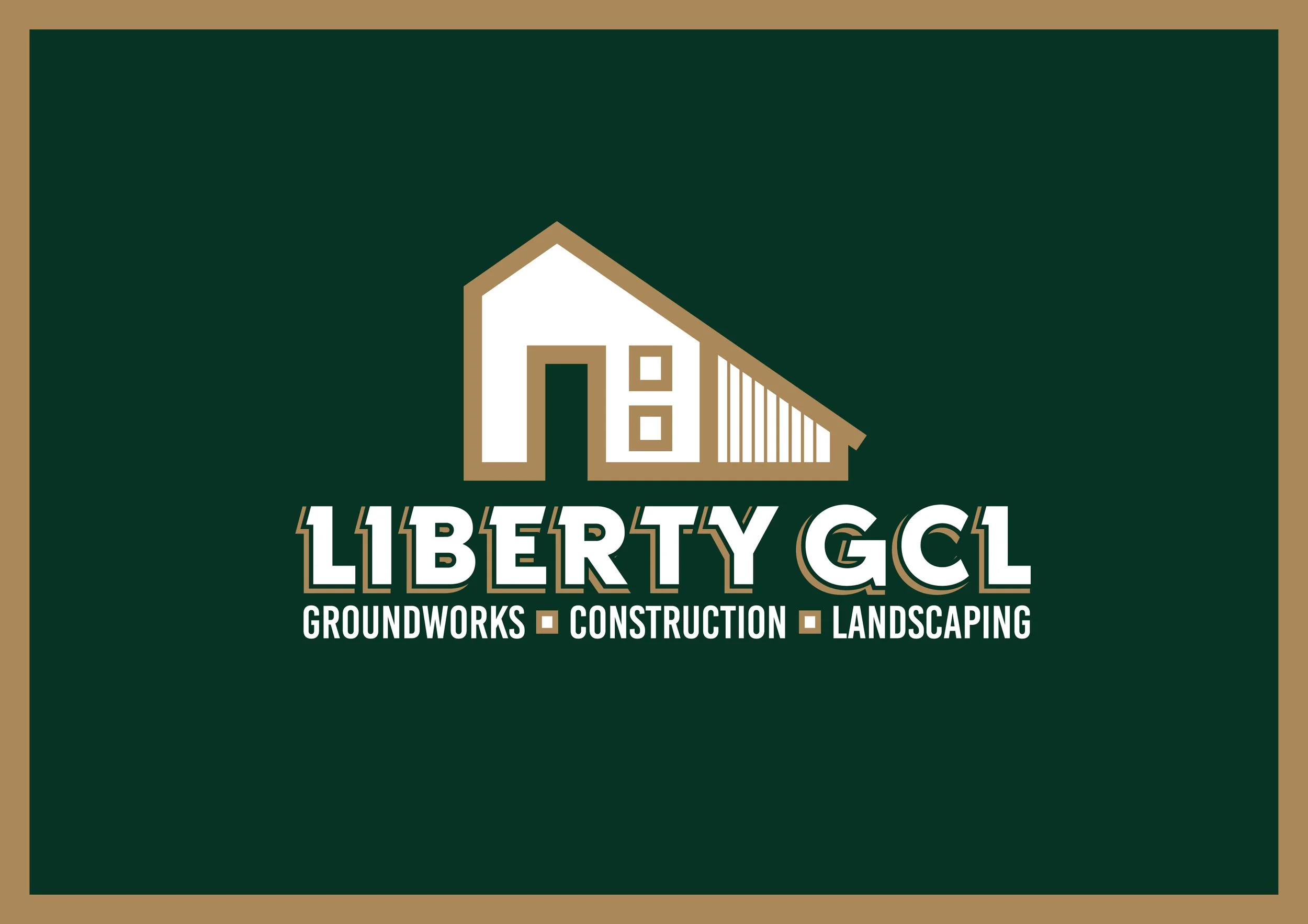 Logo for Liberty GCL featuring a stylized house with a sloped roof, along with the text for the company name and services: Groundworks, Construction, Landscaping.