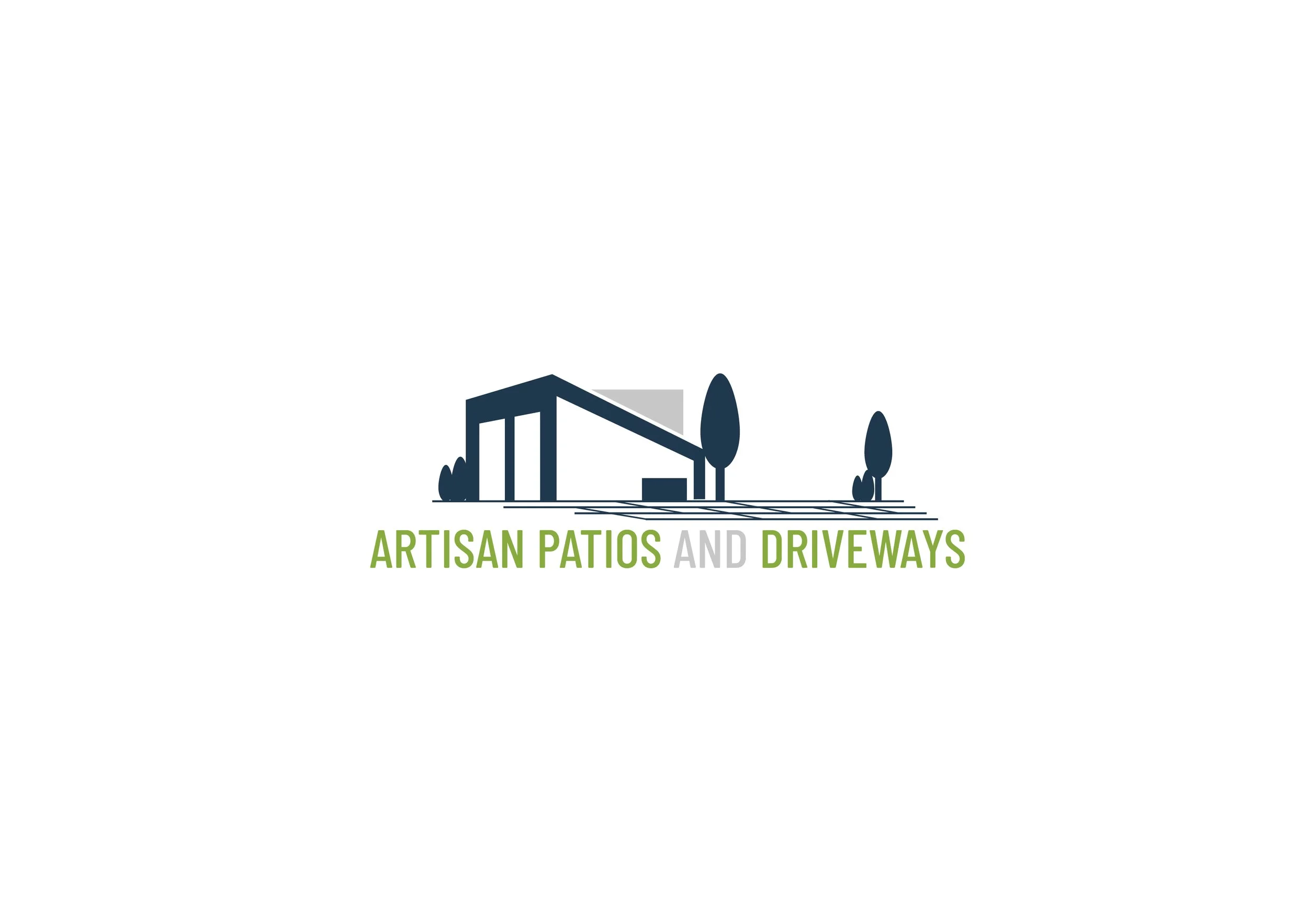 Logo for Artisan Patios and Driveways featuring a stylized house with trees and the text 'ARTISAN PATIOS AND DRIVEWAYS' in green and gray.