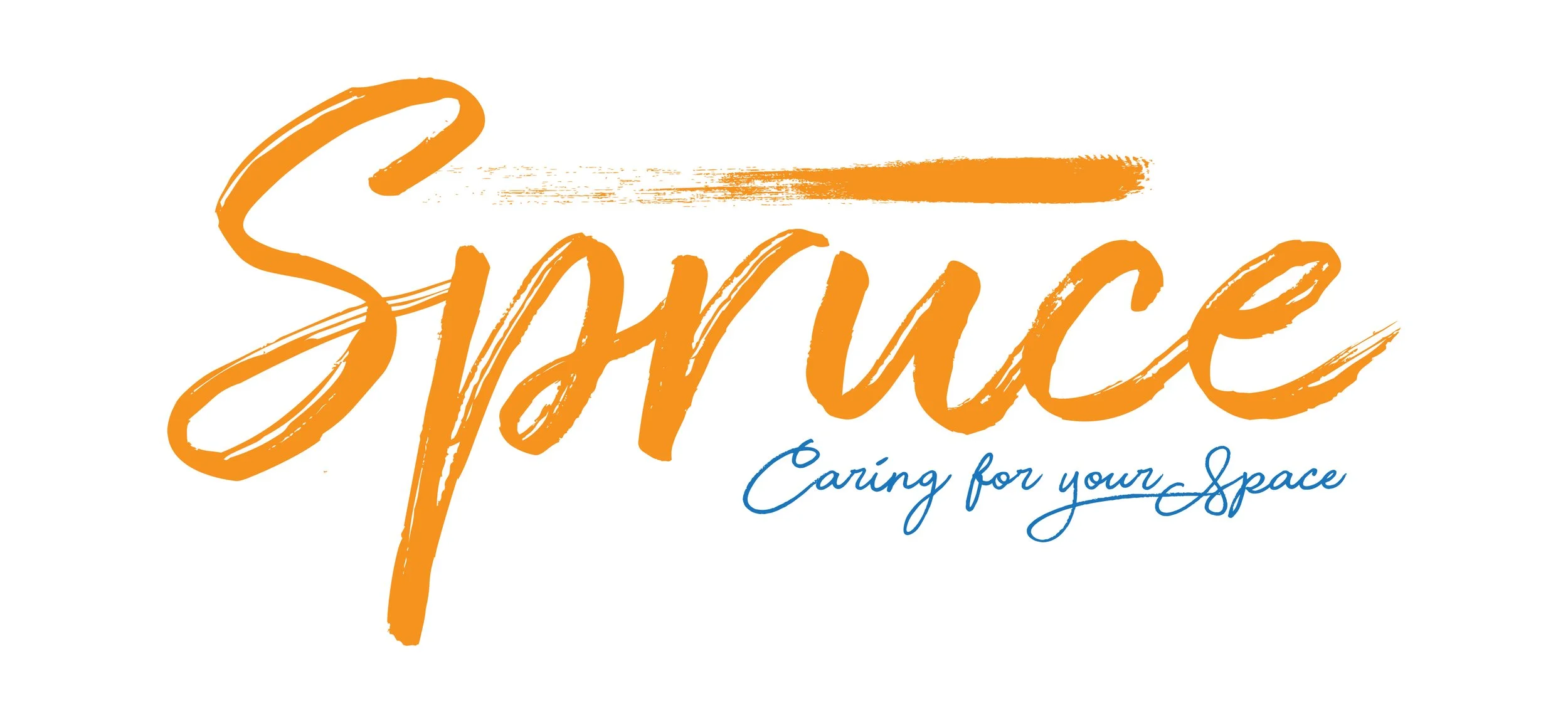 The logo for 'Space' features the word 'Space' written in large, orange, cursive brushstroke font, with a smaller blue tagline underneath that reads 'Caring for your Space' in a handwritten style.