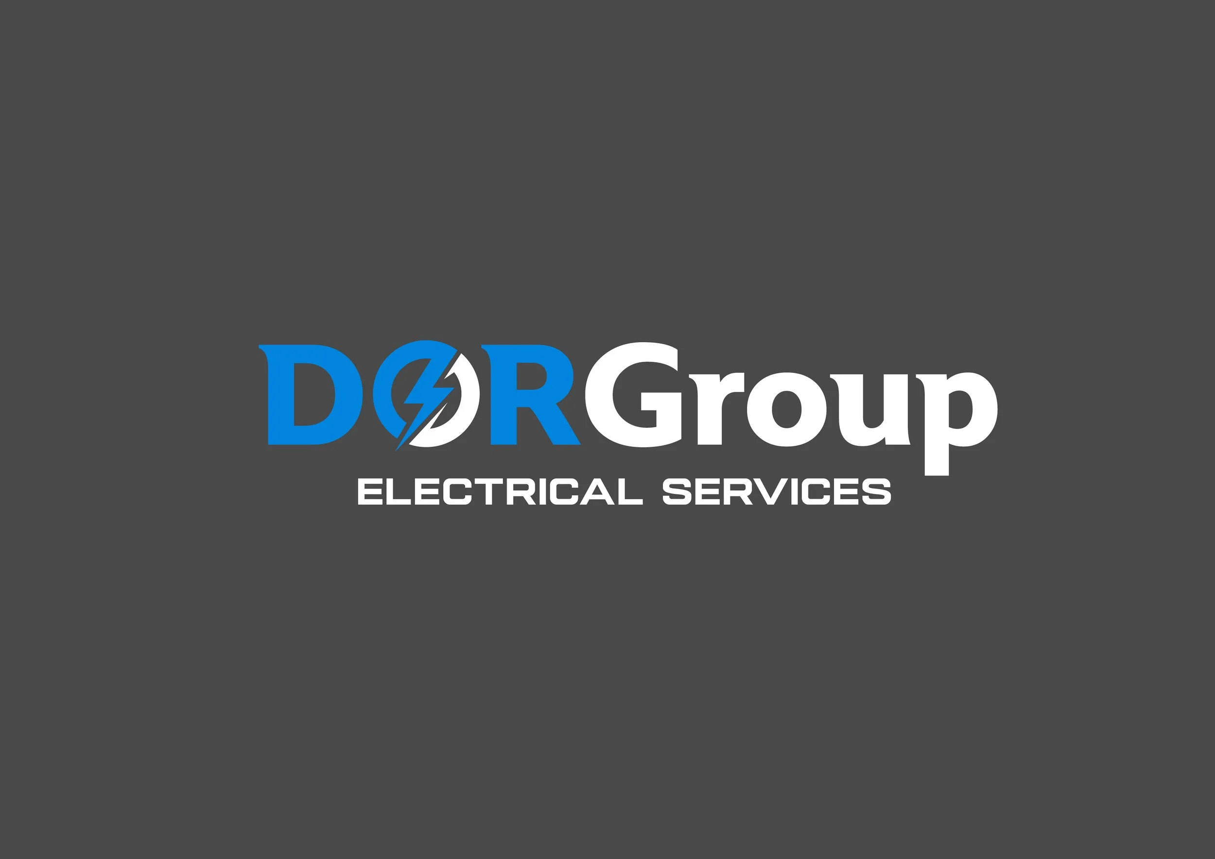 Logo for DOR Group Electrical Services with a lightning bolt inside the letter 'O' against a dark gray background.