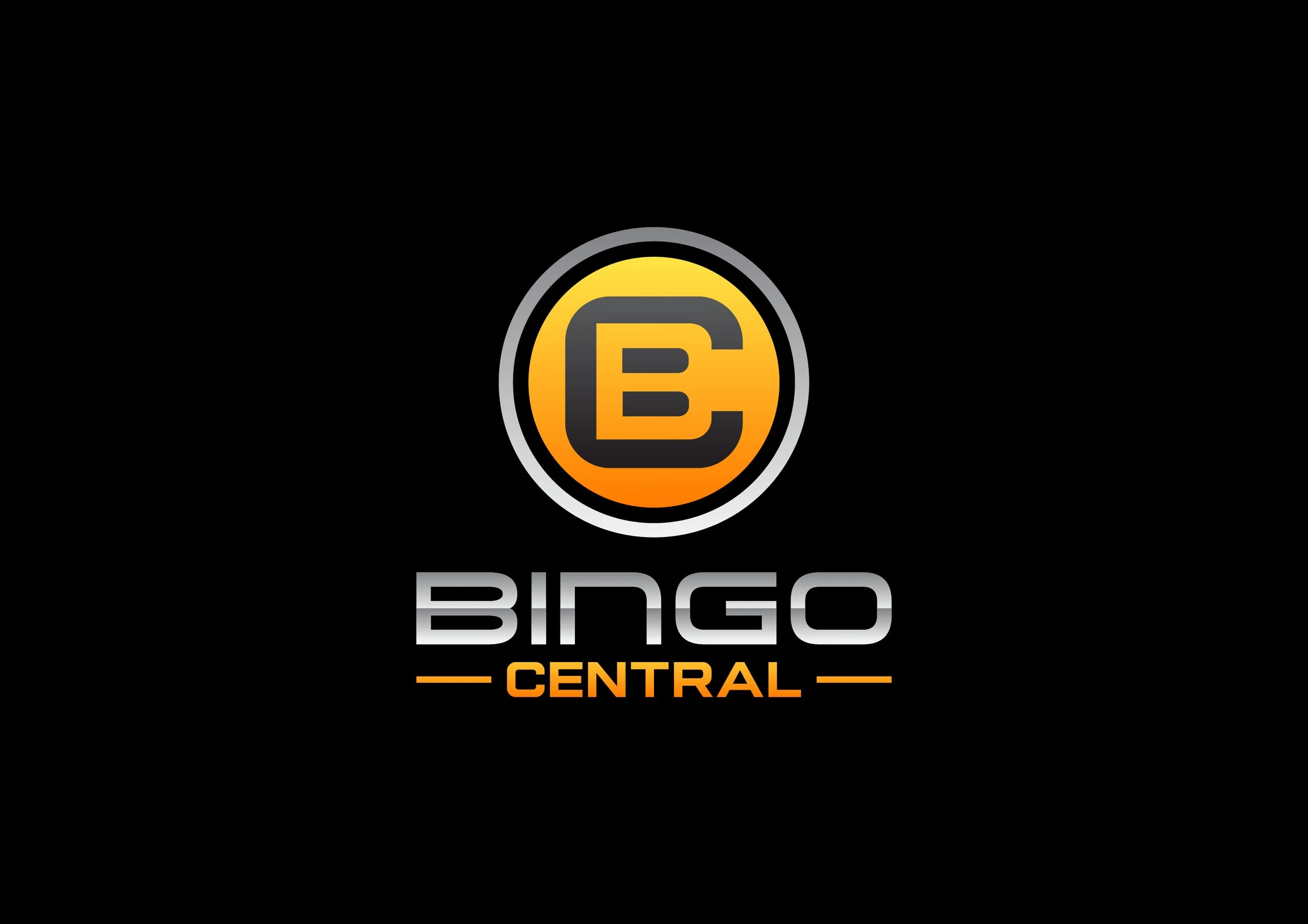 Logo for Bingo Central featuring a stylized letter B inside a circular gradient orange and yellow background, with the text 'Bingo' in silver and 'Central' in orange below.