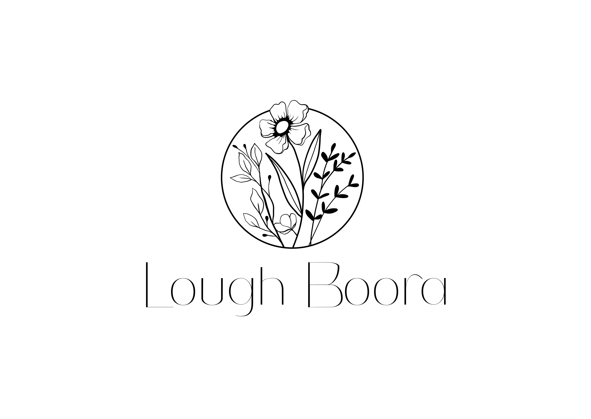 Black and white logo with a circle of various flowers and leaves above the text "Lough Boora" in a thin, elegant font.