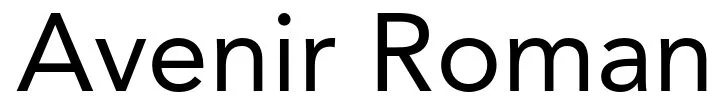 Avenir Roman typeface specimen showing a humanist geometric sans serif alphabet