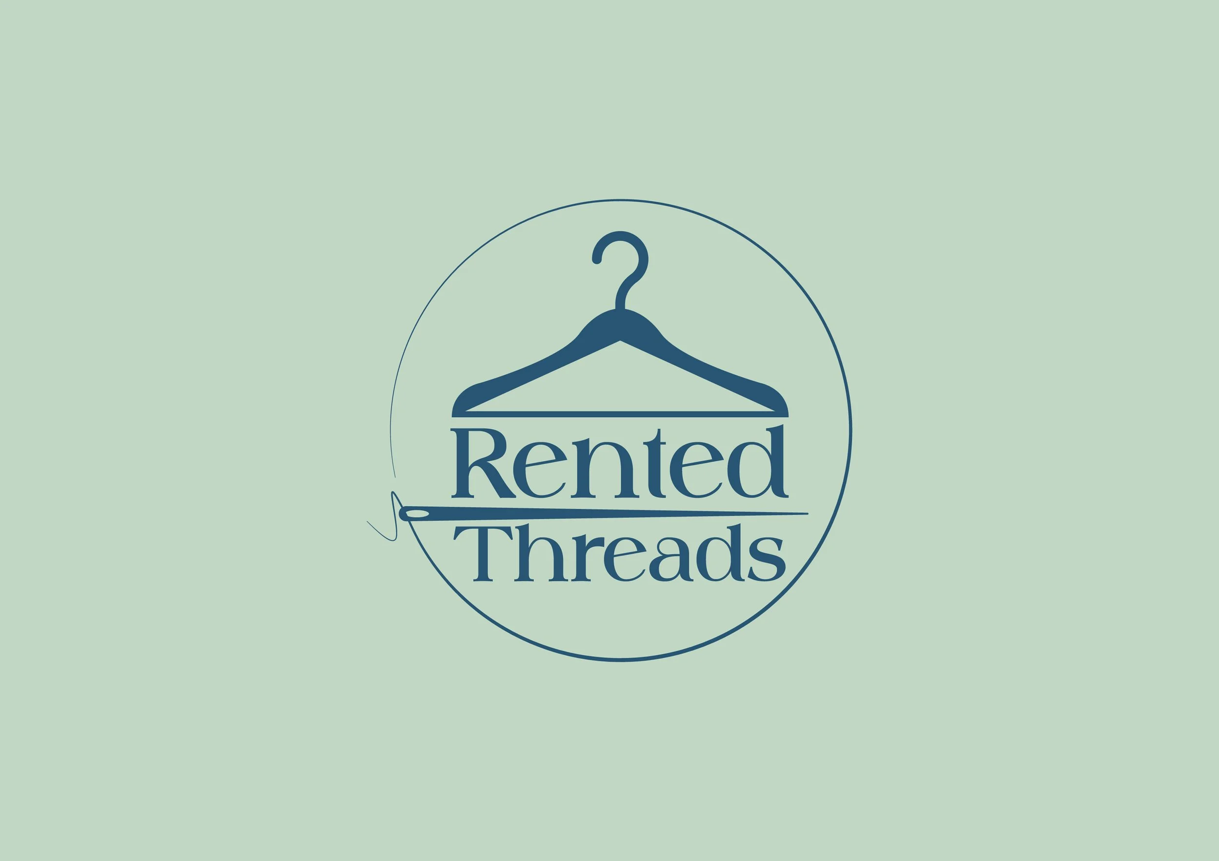 Logo for Rented Threads featuring a blue hanger and sewing thread forming the words 'Rented Threads' on a light green background.
