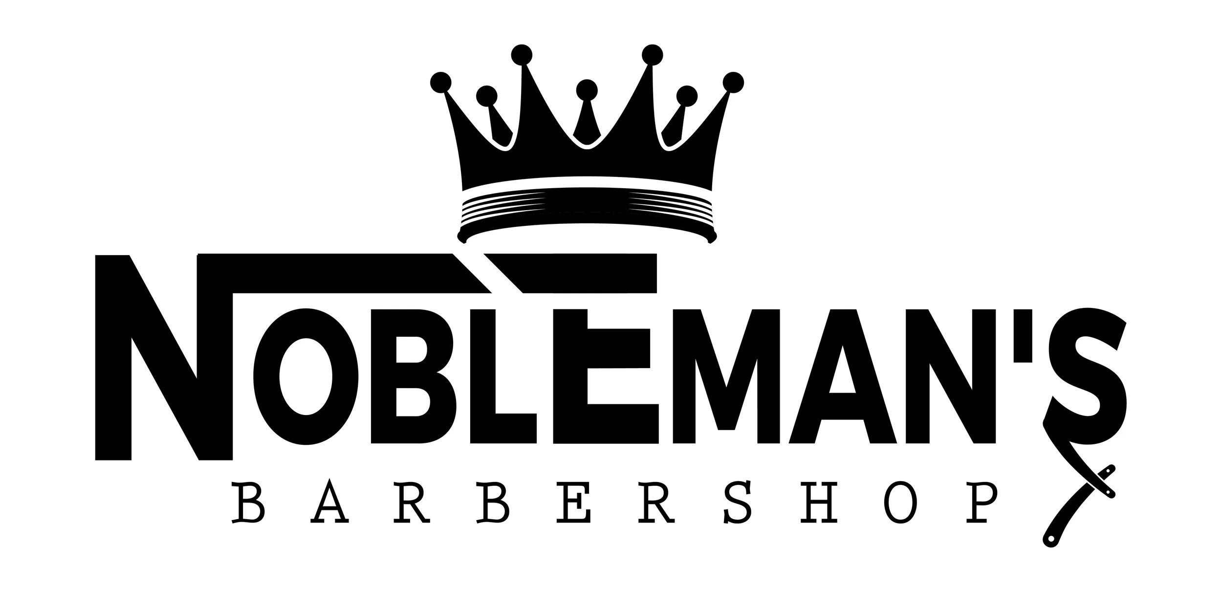 Logo for Nobleman's Barbershop with a crown and a straight razor