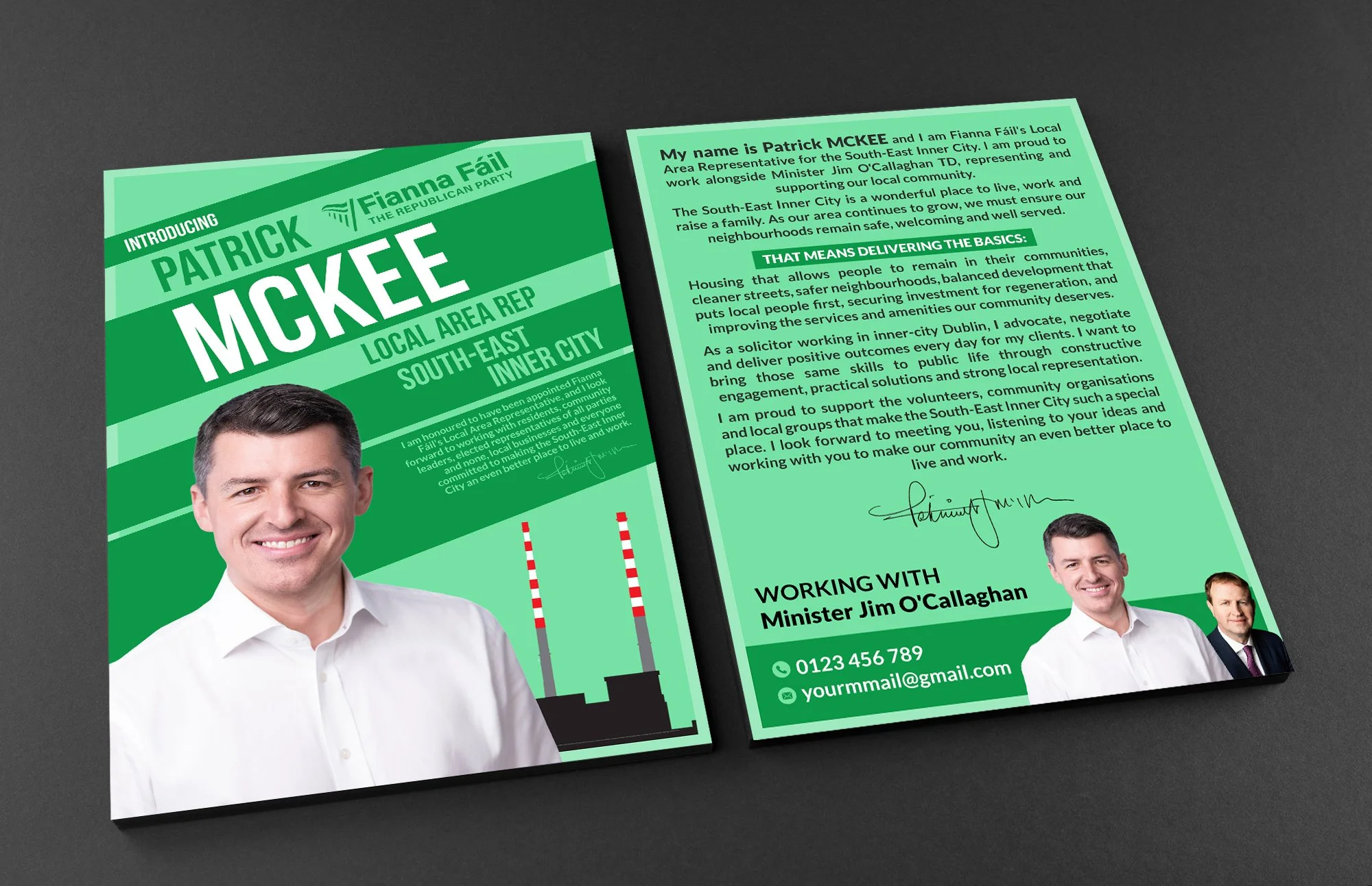 Both sides of a green election campaign leaflet for local area representative Patrick McKee, one side led by a photograph and a large name, the other filled with body text and contact details.
