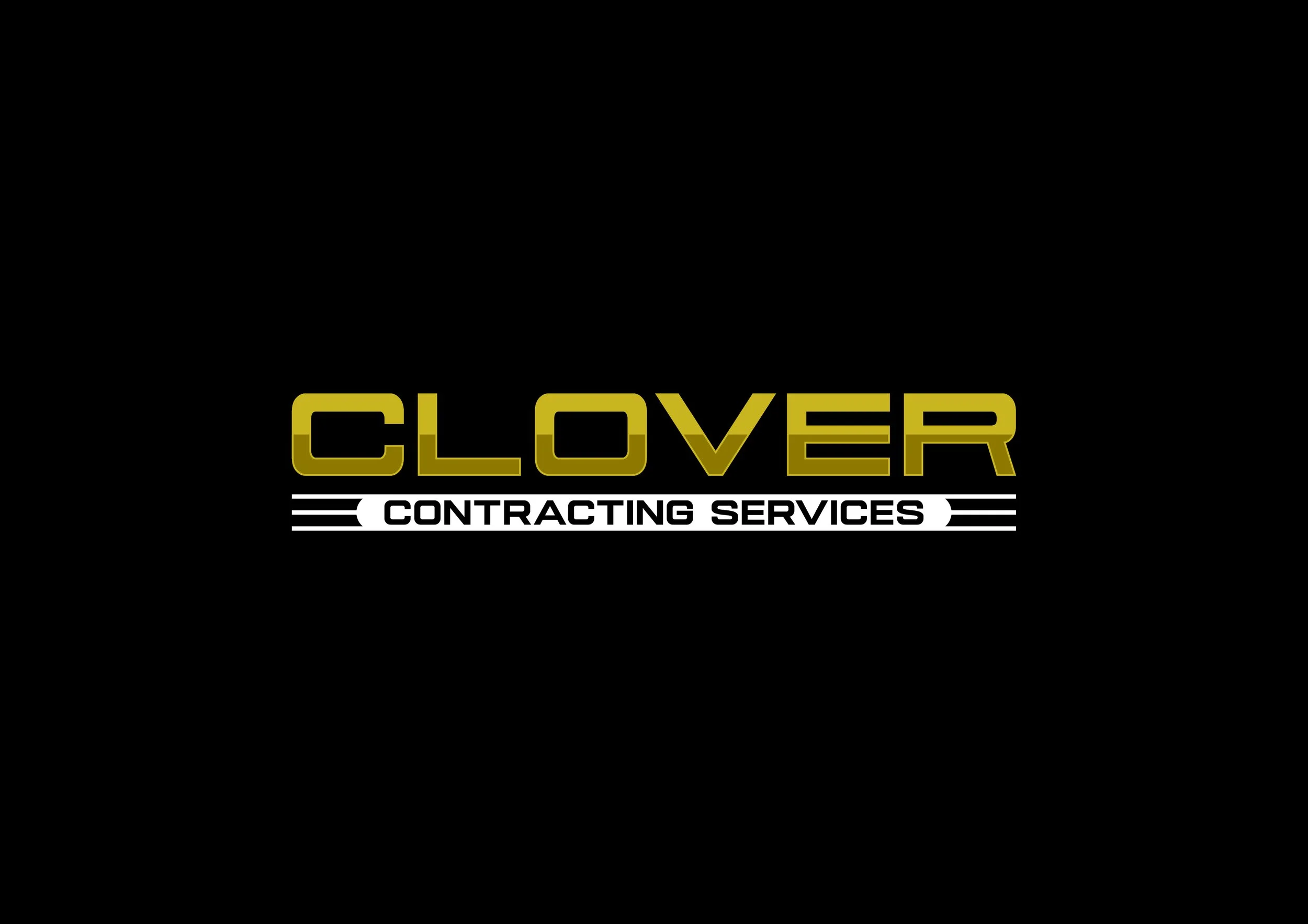 Clover Contracting Services logo with black background, gold and white text.