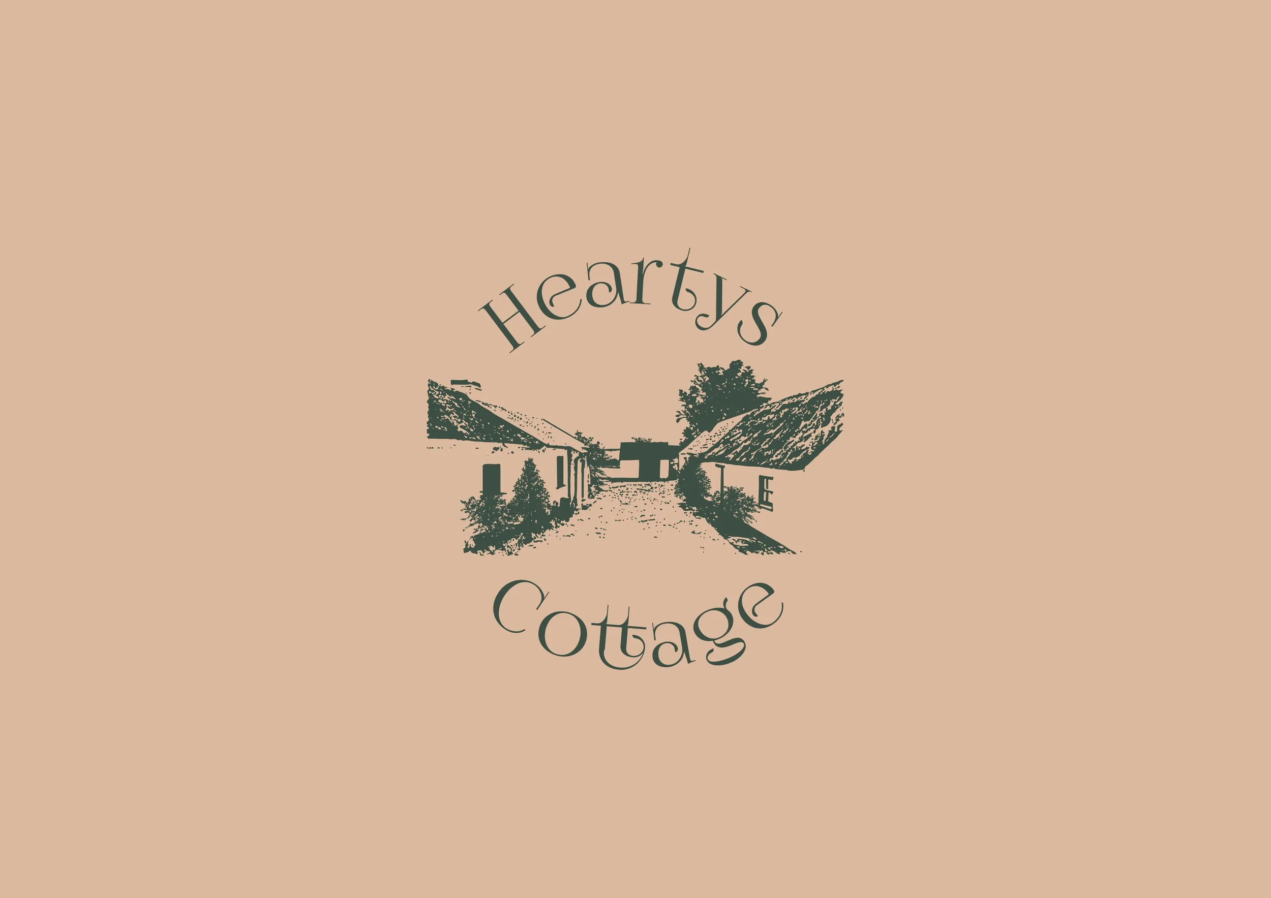 Logo for Heartys Cottage featuring a sketch of a rural cottage with a dirt path, trees, and bushes, with the name "Heartys Cottage" in stylized curved text.