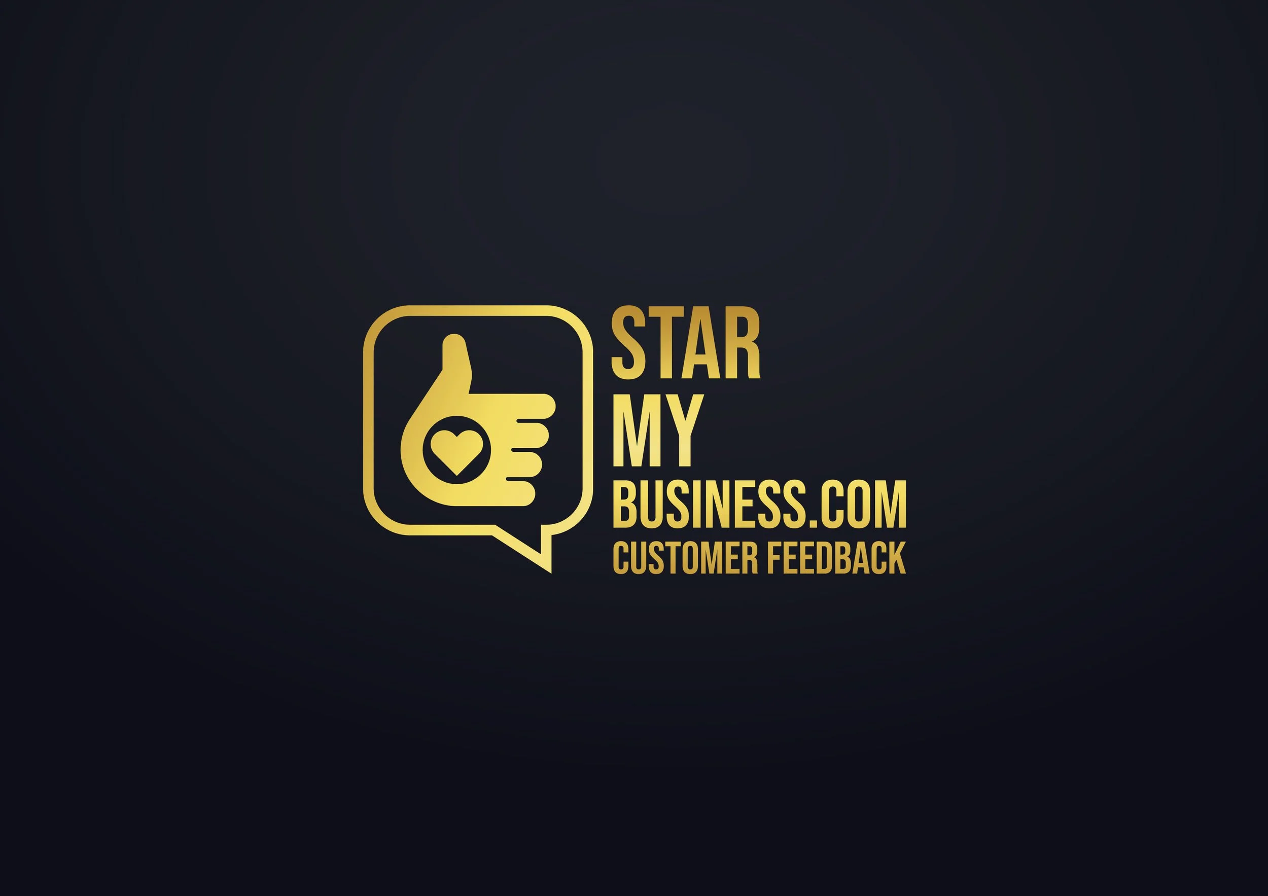 Black background with gold-colored logo featuring a thumbs-up icon with a heart inside a speech bubble, and the text "Star My Business.com Customer Feedback".
