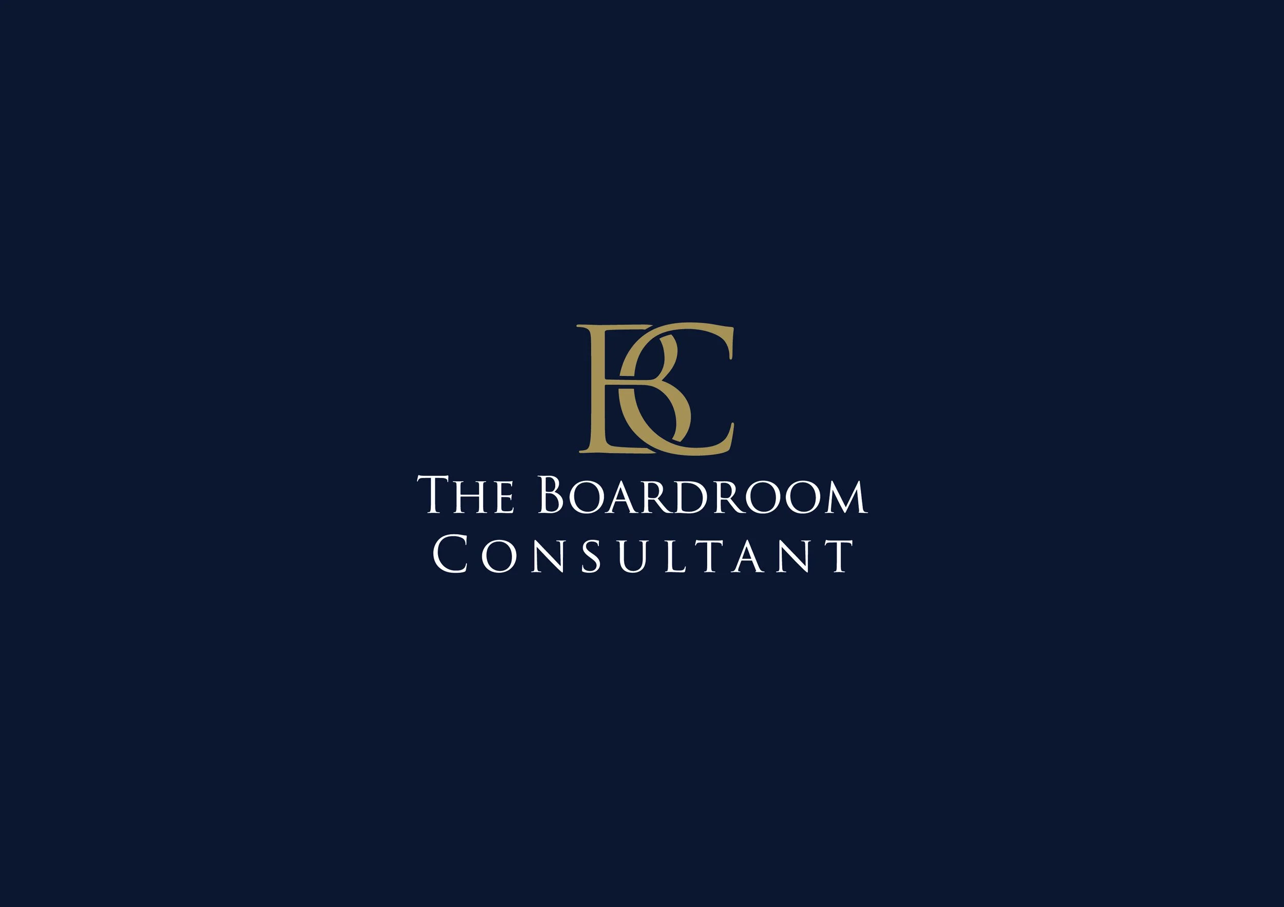 Logo of The Boardroom Consultant with navy blue background and gold and white text