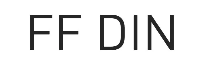 FF DIN typeface specimen showing a condensed technical sans serif alphabet