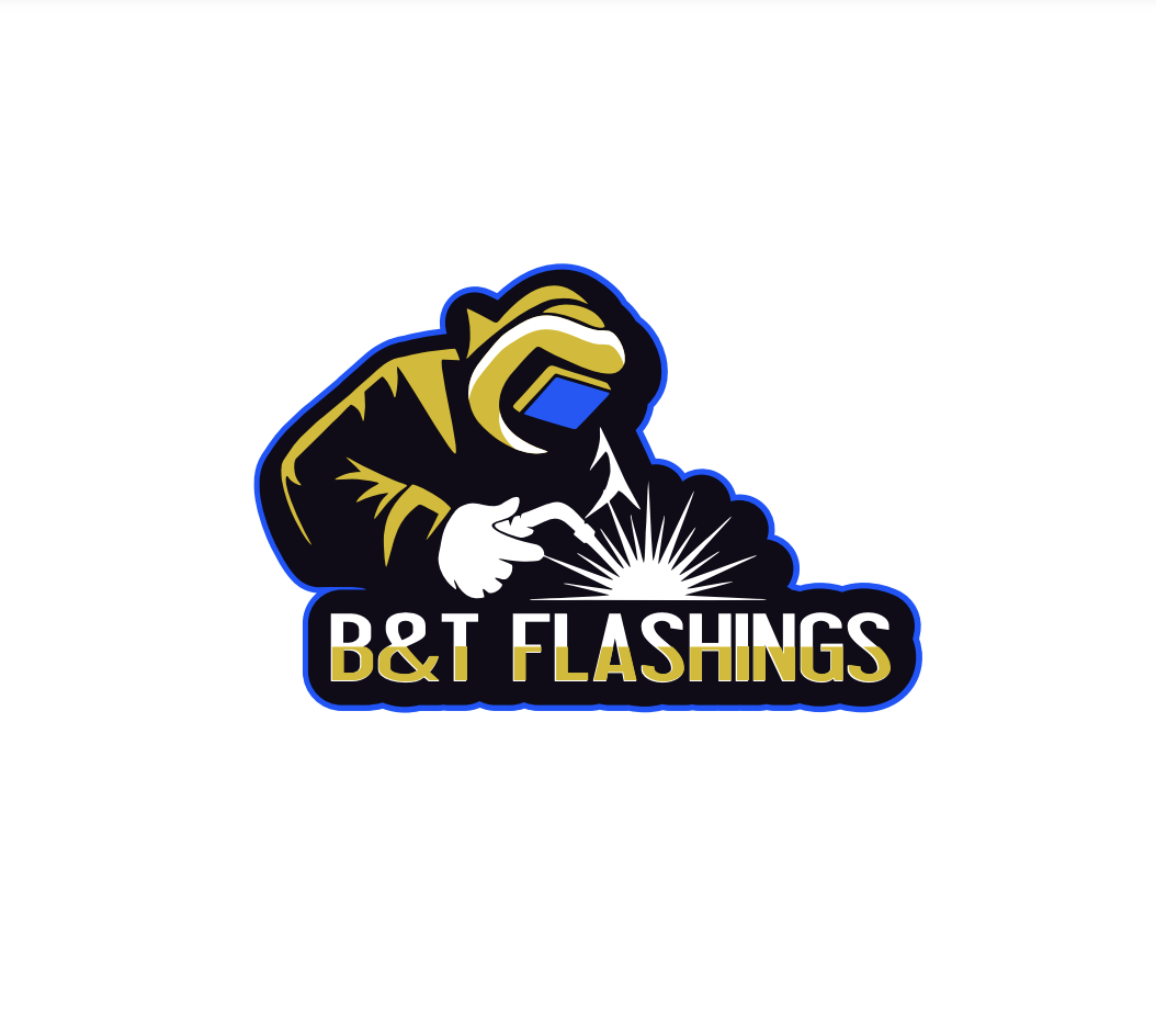 A logo for B&T Flashings featuring a cartoon welder wearing a helmet, welding and sparks, with the company name below.