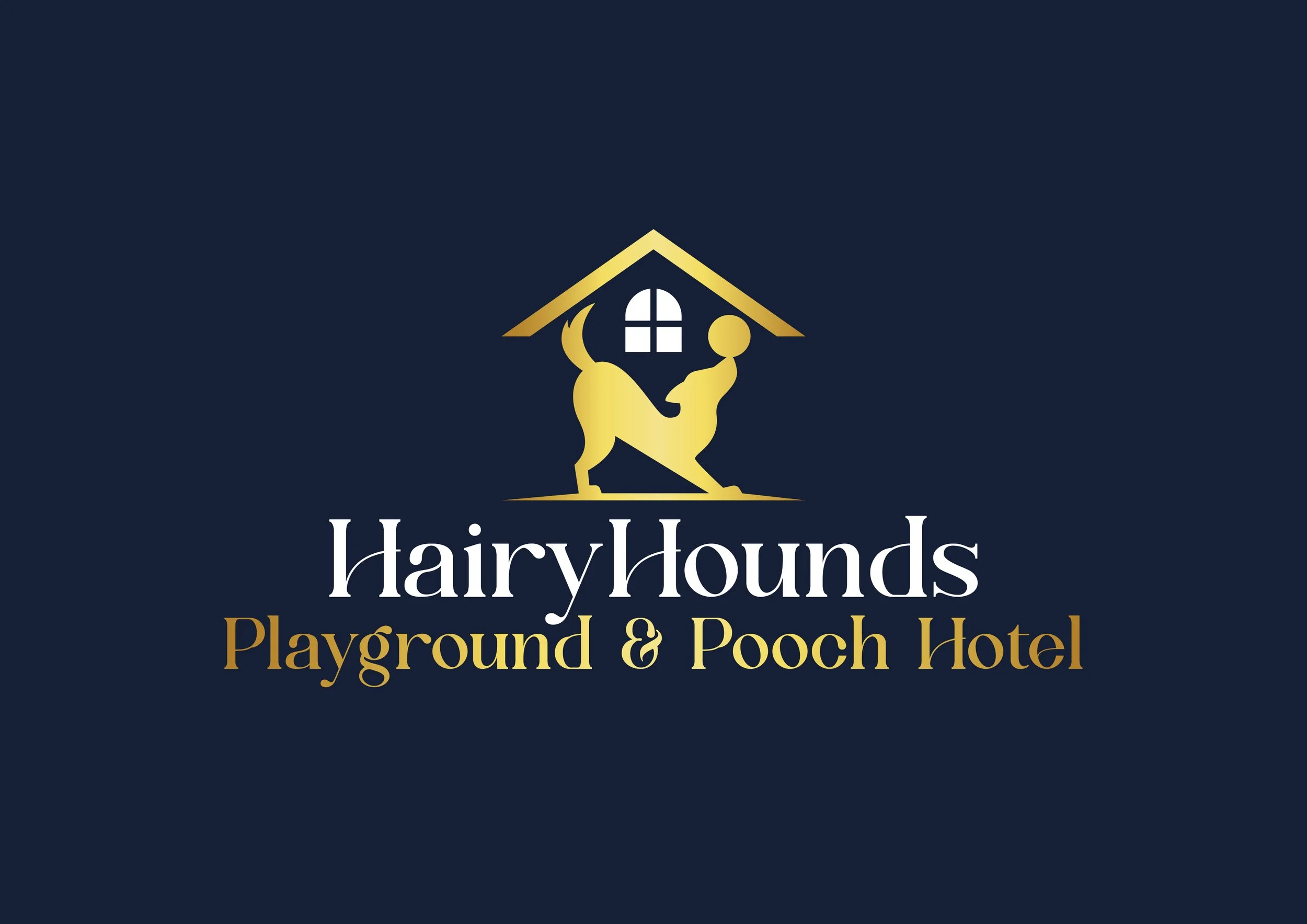 Logo for Hairy Hounds Playground & Pooch Hotel featuring a stylized gold dog holding a ball, with a house roof and windows above, on a dark background.