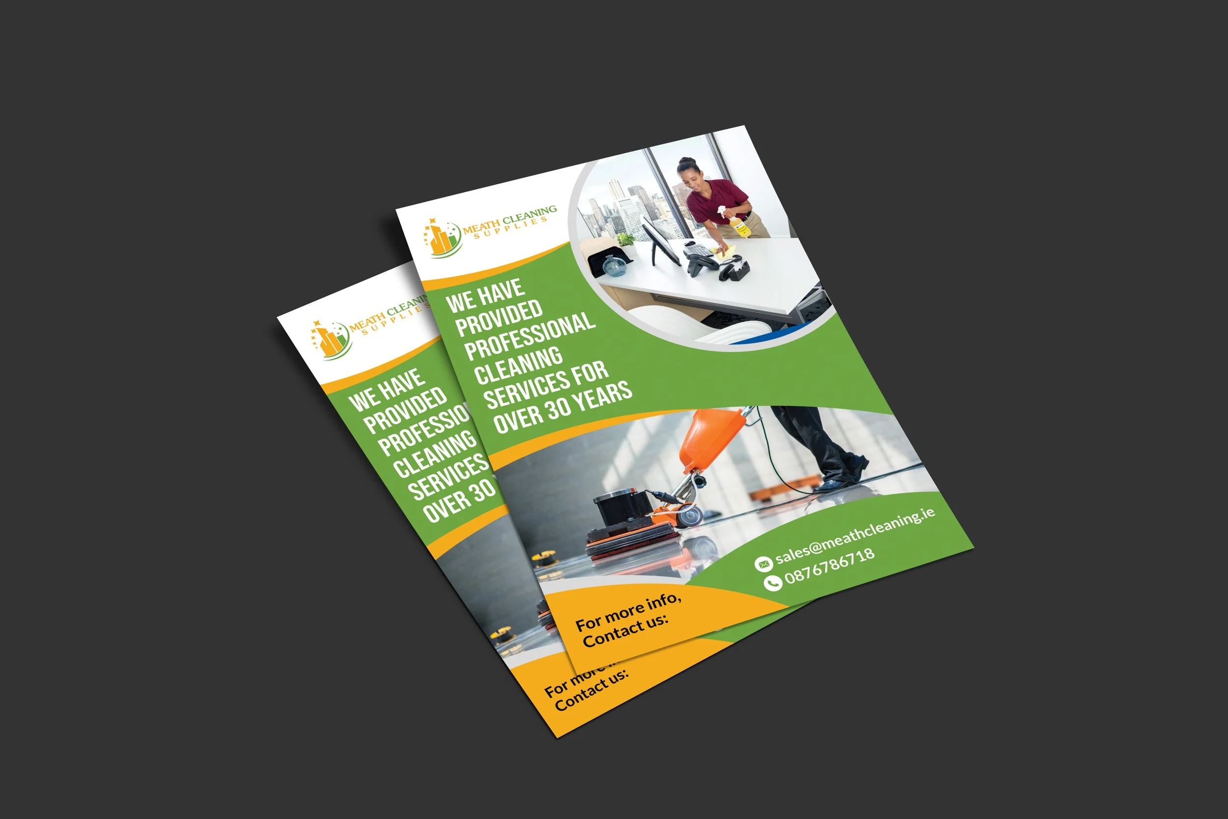 Flyer for Meath Cleaning Supplies featuring images of cleaning staff and equipment, with text highlighting over 30 years of professional cleaning services, contact information, and a bright green, orange, and white colour scheme.