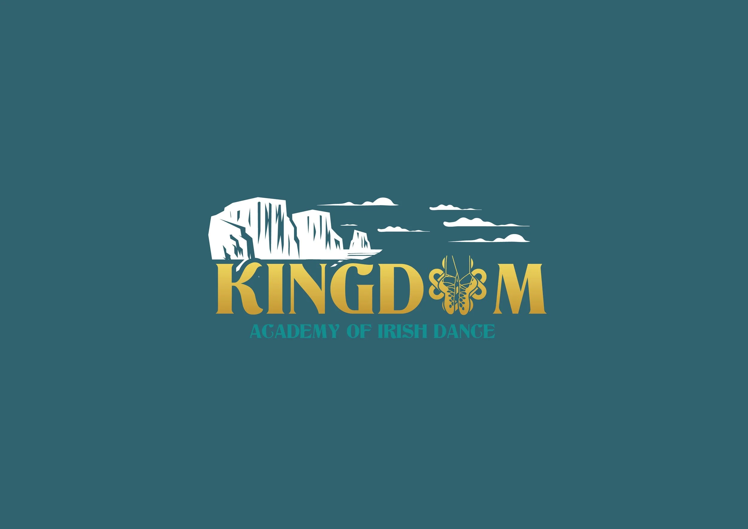 Logo of Kingdom Academy of Irish Dance featuring white cliffs, clouds, and a stylized Celtic knot design.