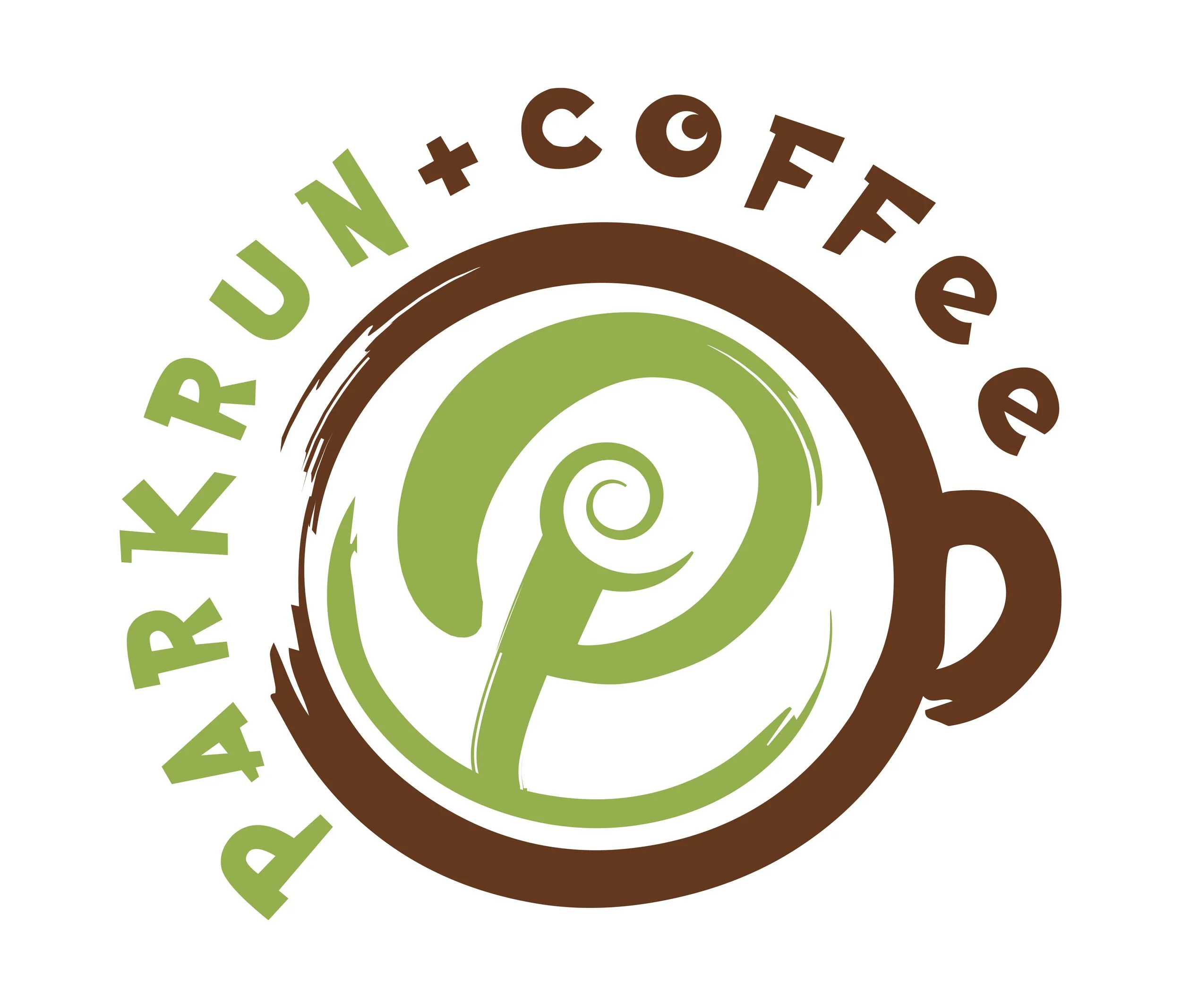Logo of a coffee shop with a spiral design in a coffee cup, surrounded by the text 'PARKRUN + COFFEE' in green and brown colors.