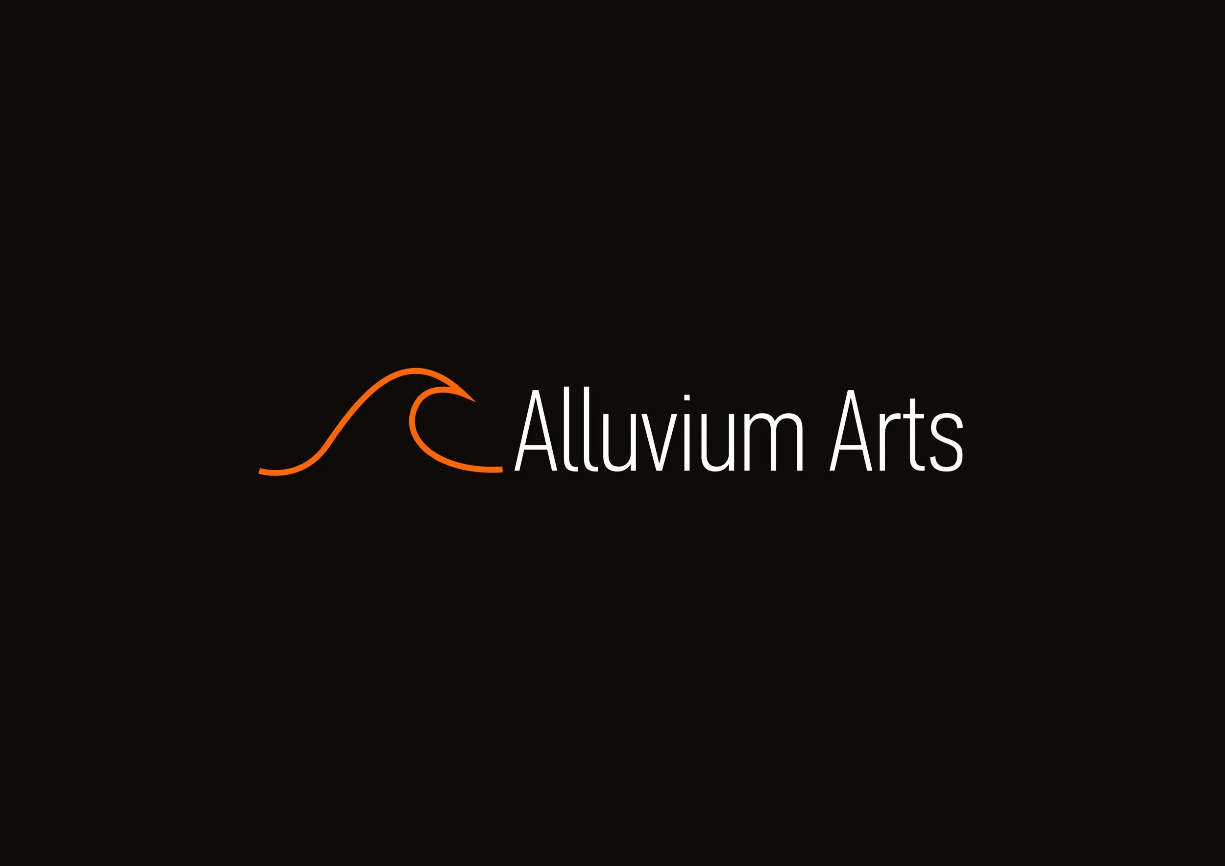 Logo of Alluvium Arts with an orange wave graphic and white text on a black background.