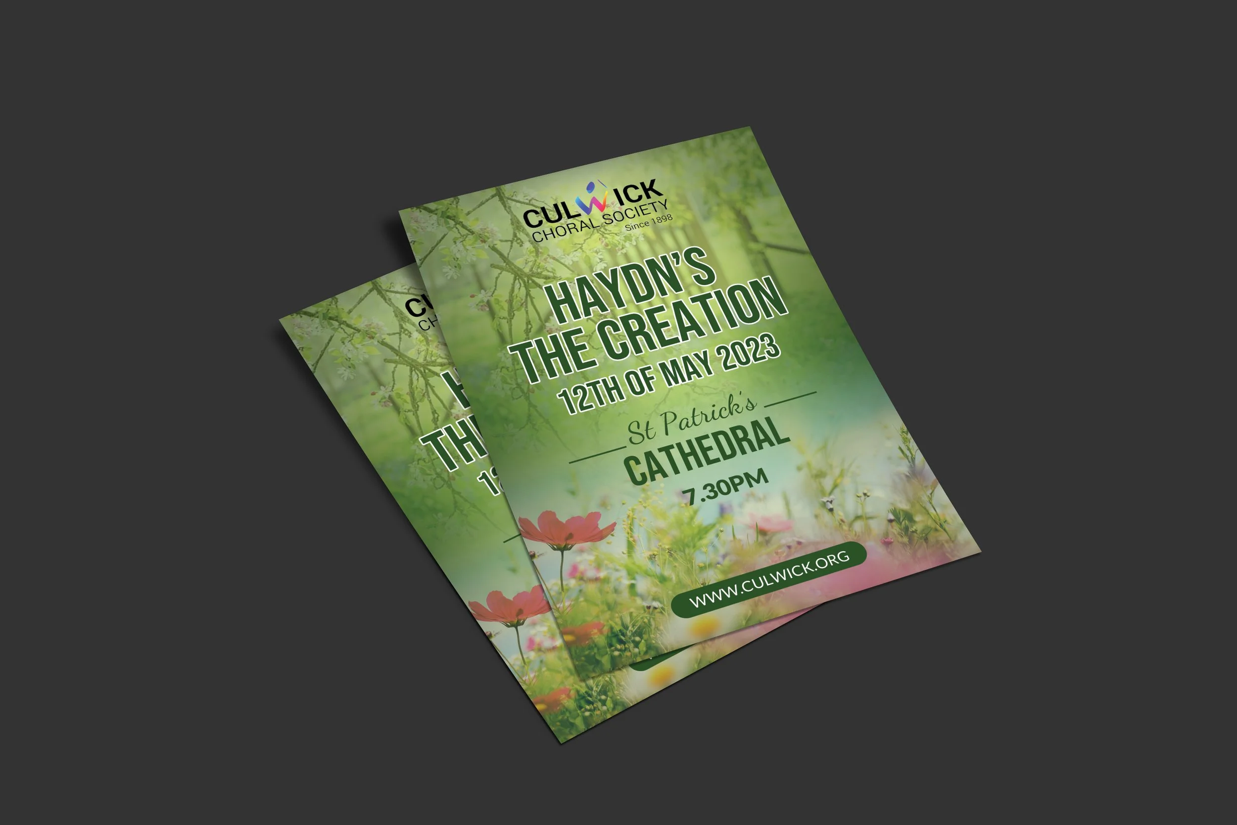 Flyers for a choral society event titled 'Haydn's The Creation' on May 12, 2023, at St. Patrick's Cathedral at 7:30 PM, with a green nature-themed background and pink flowers.