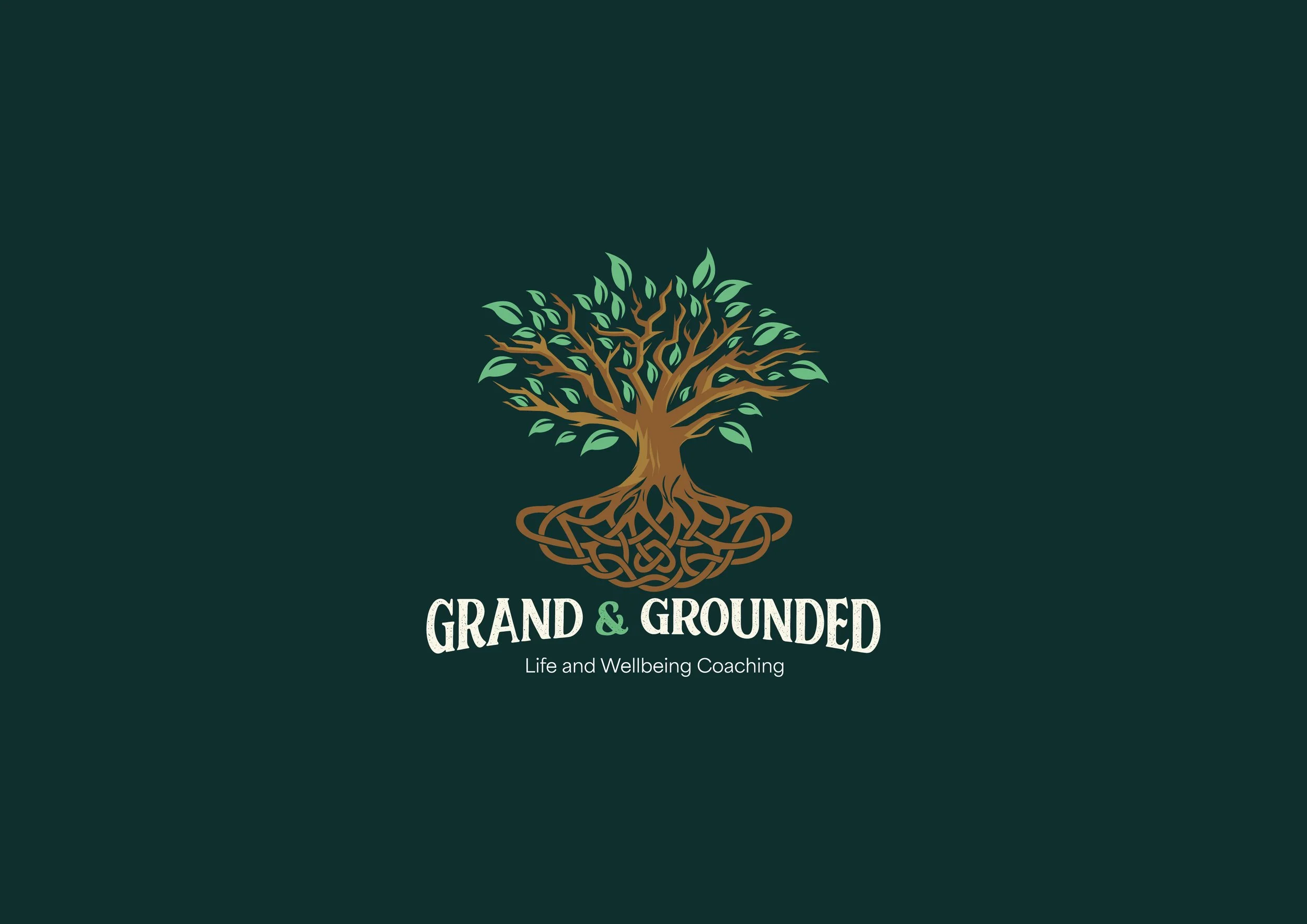 Logo for Grand & Grounded, a life and wellbeing coaching service, featuring a stylized tree with roots, on a dark green background.