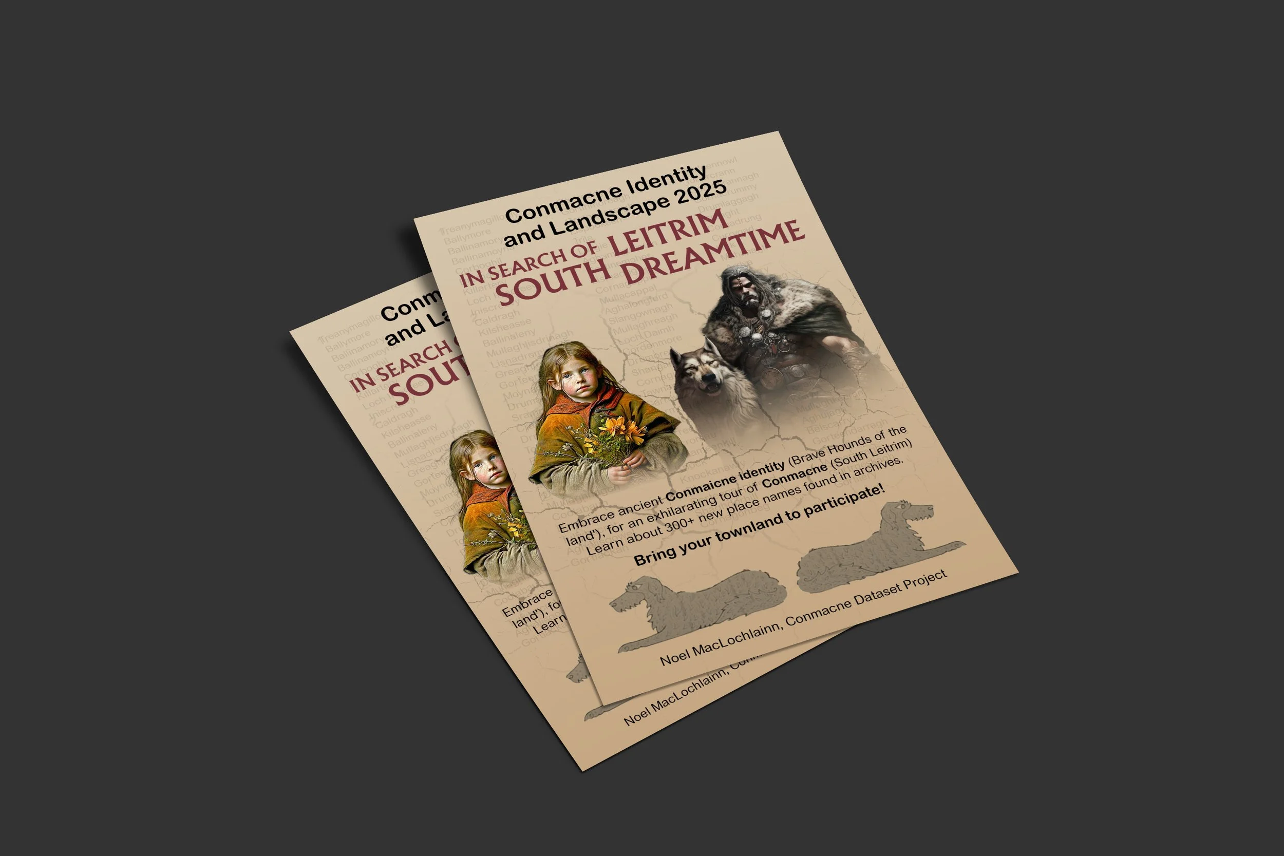 Flyer for the 2025 Conmacne Identity and Landscape event featuring a young girl with a flower bouquet and a fierce warrior with a wolf, promoting a tour of ancient Conmacne sites in South Leitrim with illustrations of two wolf-like creatures at the b