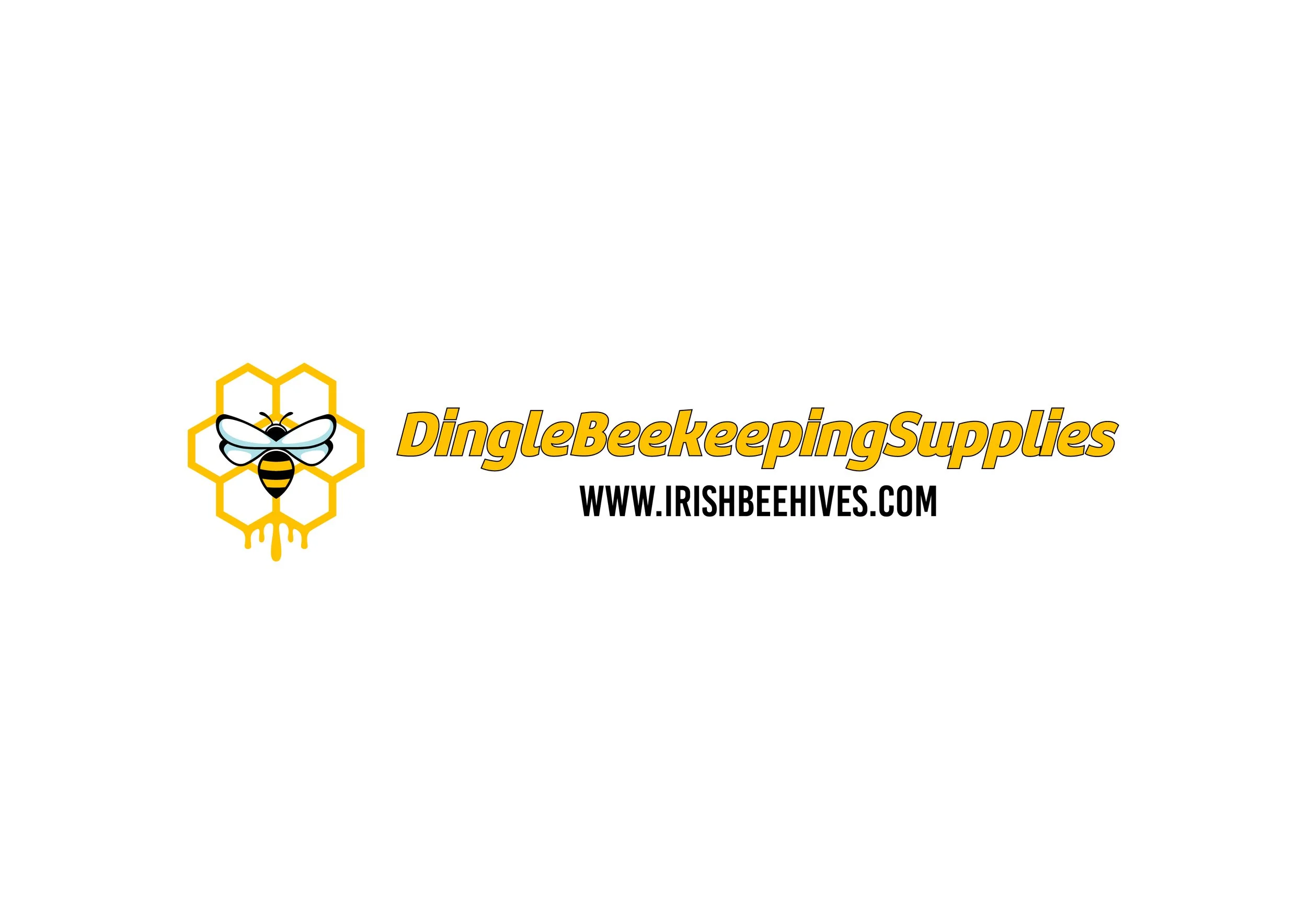 Logo for Dingle Beekeeping Supplies featuring a bee and honeycomb design, with the text 'DingleBeekeepingSupplies' in yellow and the website 'WWW.IRISHBEEHIVES.COM' in black.