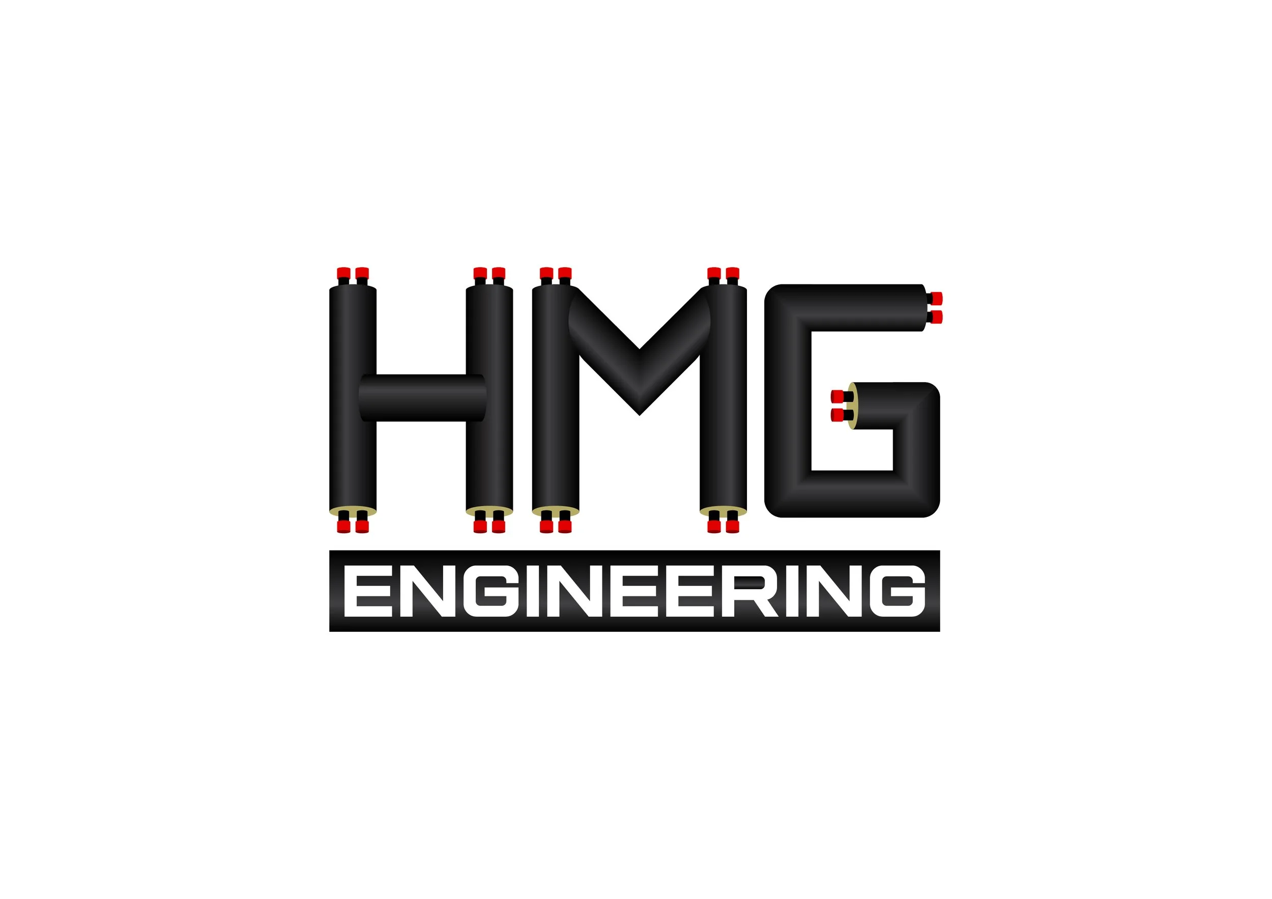 Logo for HMG Engineering featuring stylized black pipes with red connection points forming the letters H, M, G, and the word ENGINEERING below.