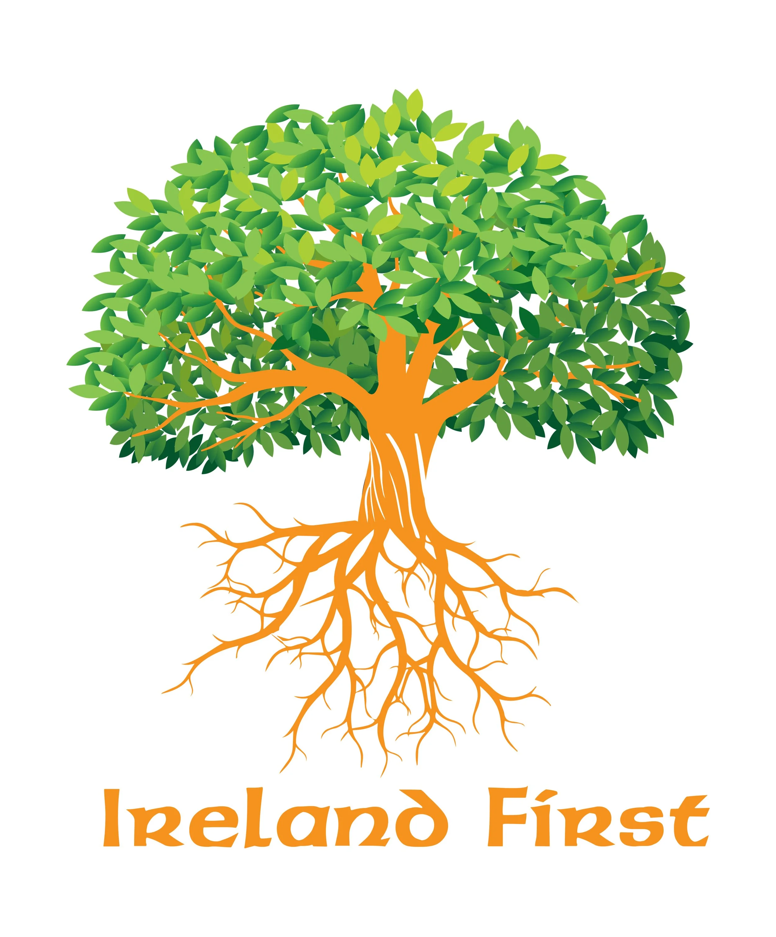 An illustration of a tree with green leaves and orange branches, with the roots visible, and the text 'Ireland First' underneath.
