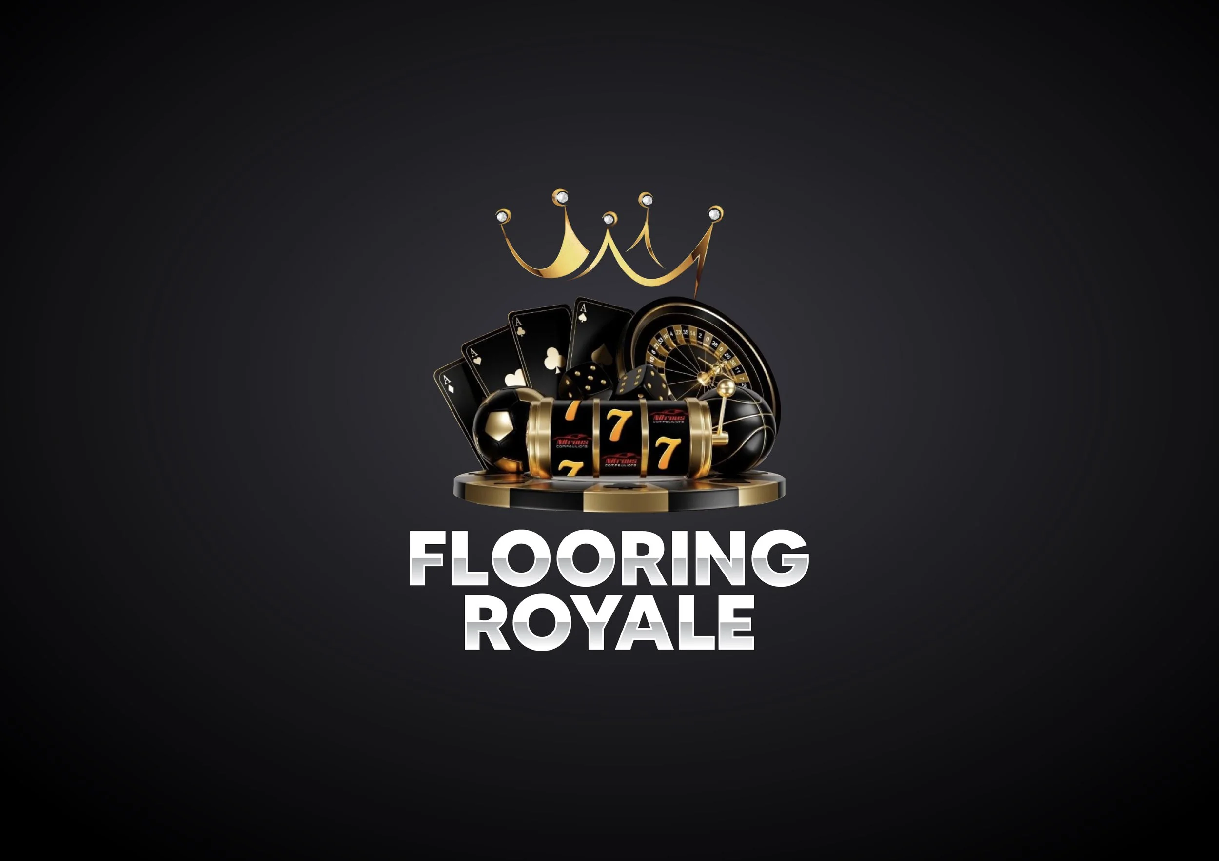 Black and gold casino themed graphic with playing cards, roulette wheel, poker chips, dice, and a crown, above the text 'FLOORING ROYALE'.